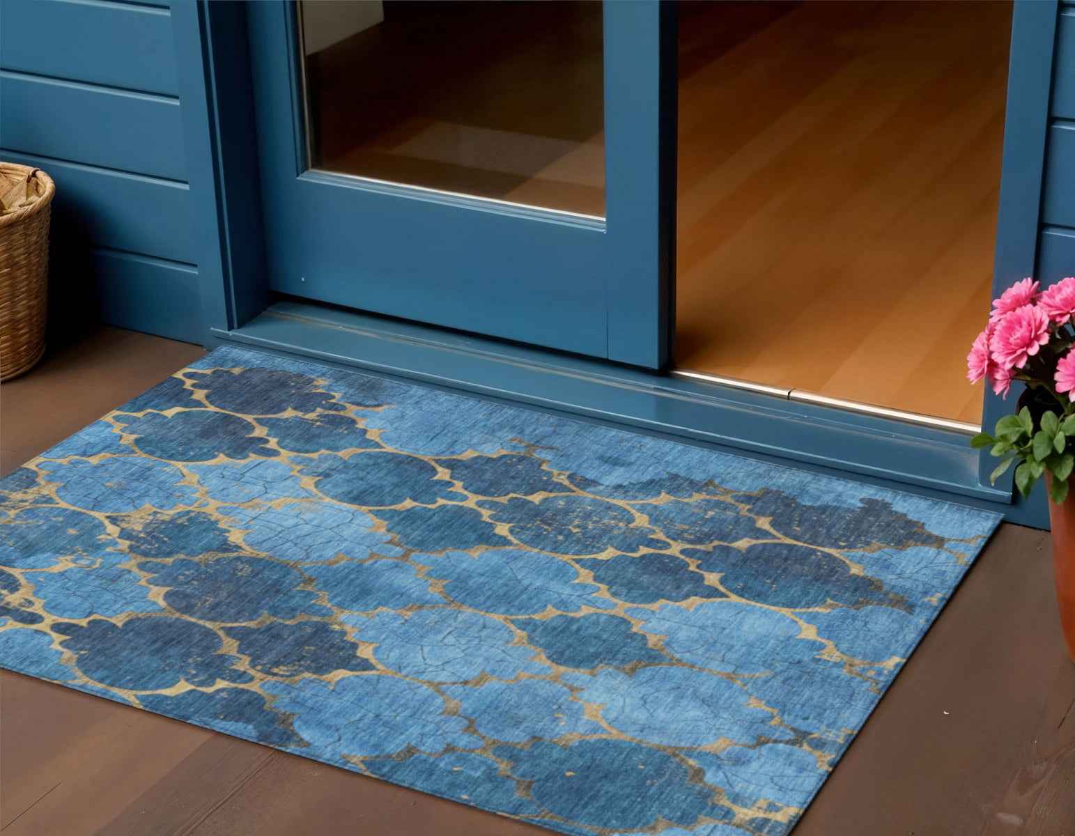 3' X 5' Blue And Gold Damask Washable Indoor Outdoor Area Rug