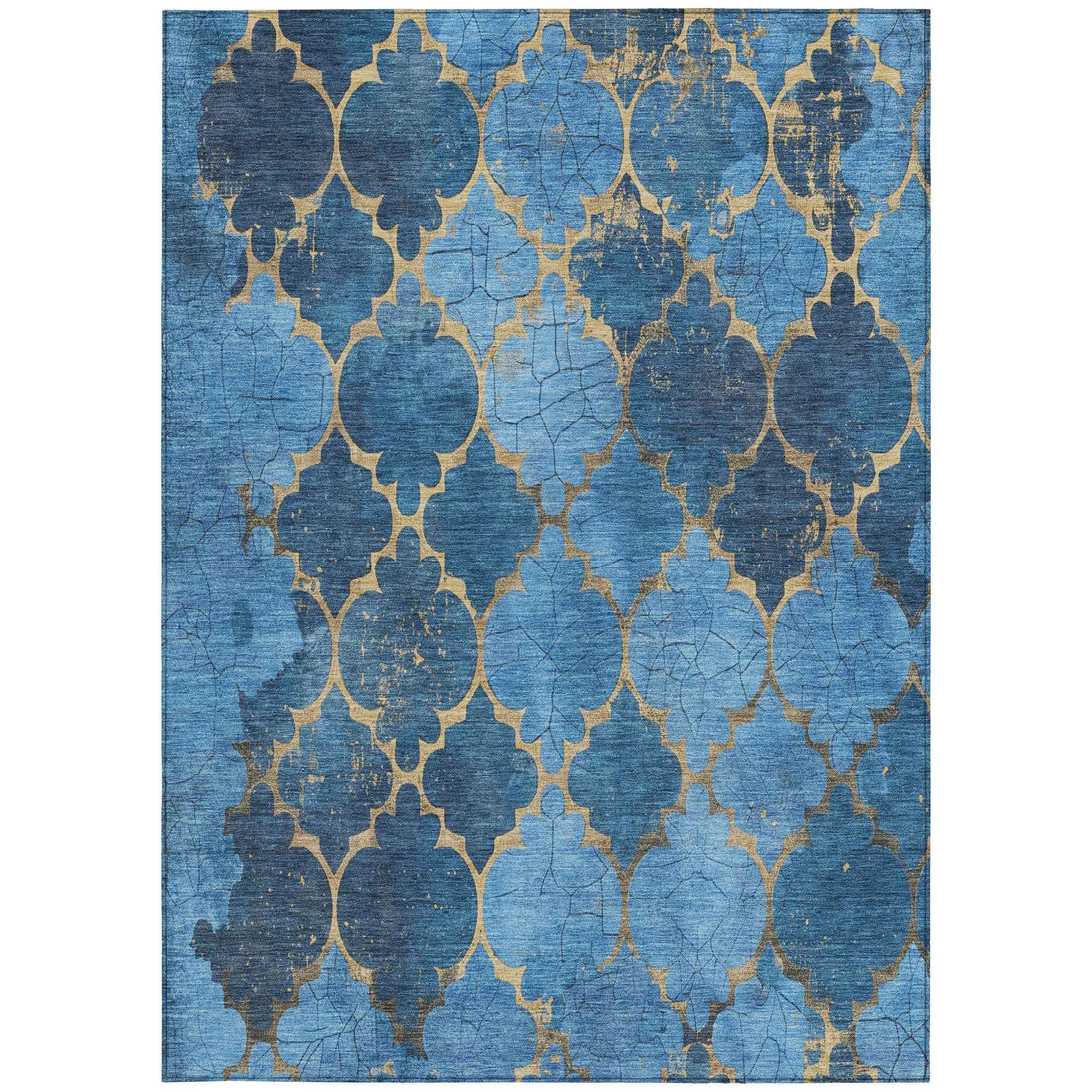10' X 14' Blue And Gold Damask Washable Indoor Outdoor Area Rug