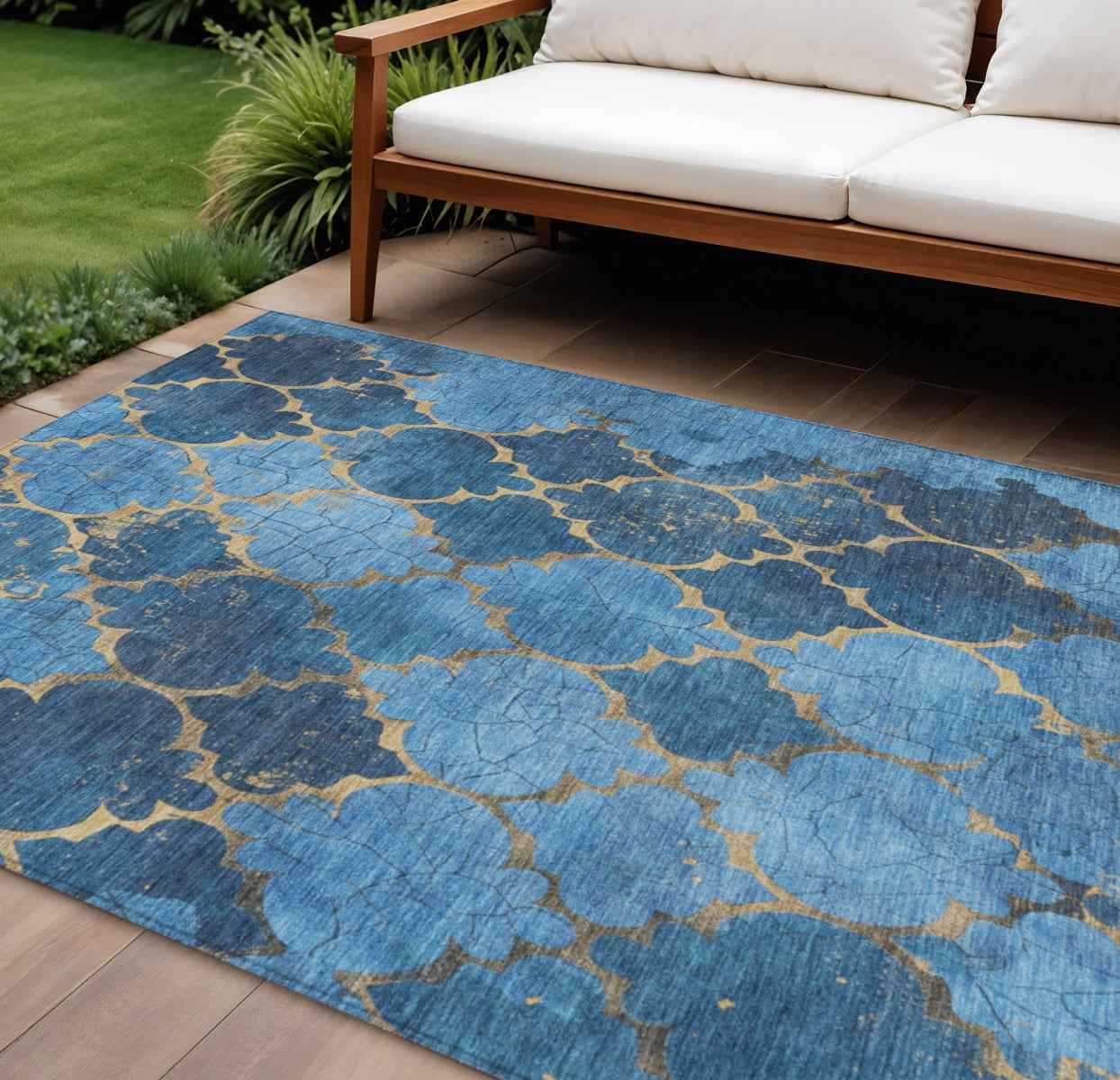 10' X 14' Blue And Gold Damask Washable Indoor Outdoor Area Rug