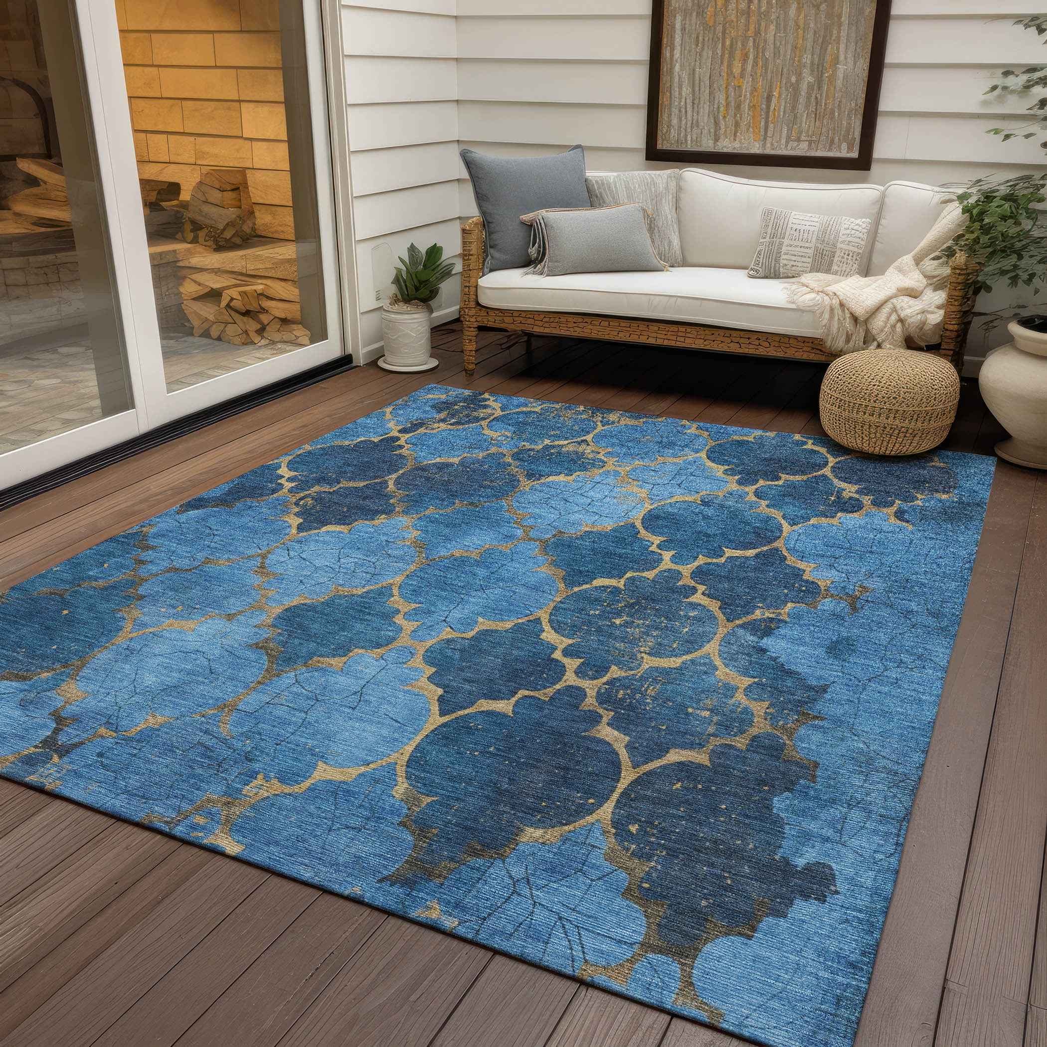 10' X 14' Blue And Gold Damask Washable Indoor Outdoor Area Rug