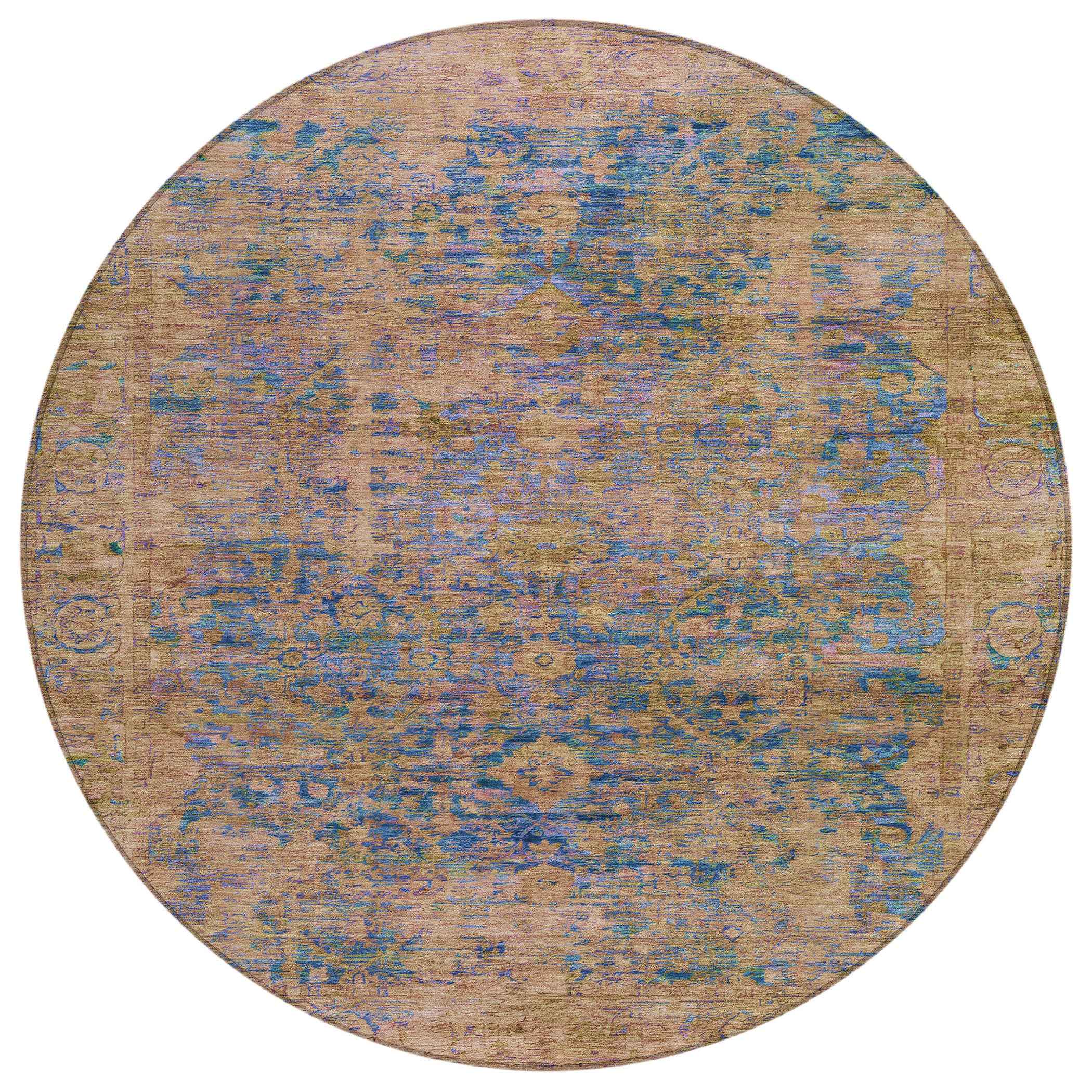 8' Navy Blue And Gold Round Abstract Washable Indoor Outdoor Area Rug