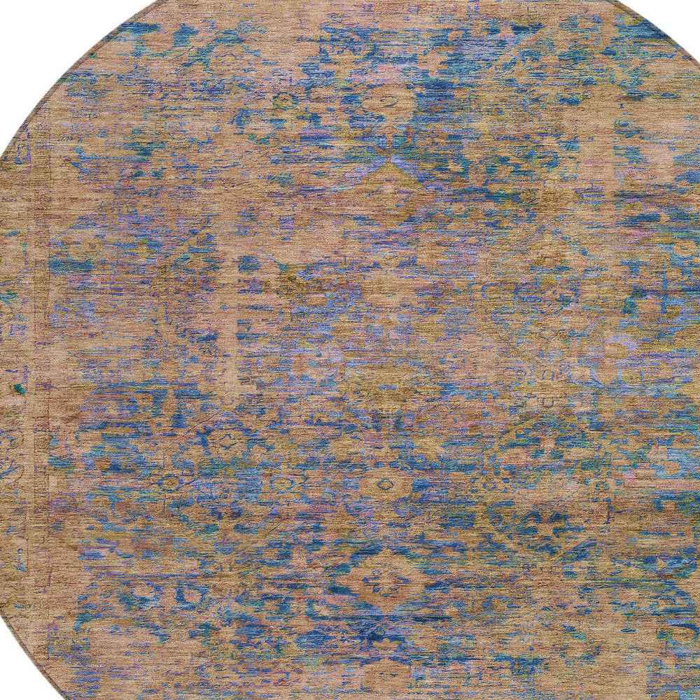 8' Navy Blue And Gold Round Abstract Washable Indoor Outdoor Area Rug