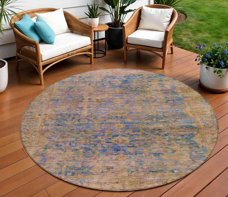 8' Navy Blue And Gold Round Abstract Washable Indoor Outdoor Area Rug