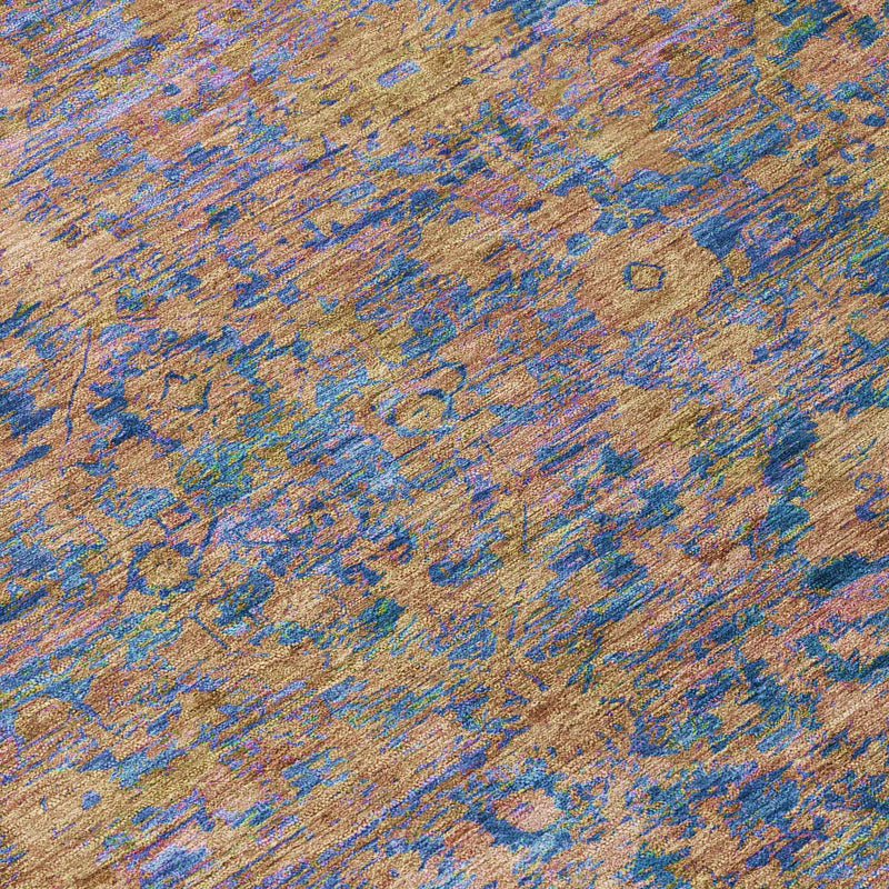 8' Navy Blue And Gold Round Abstract Washable Indoor Outdoor Area Rug