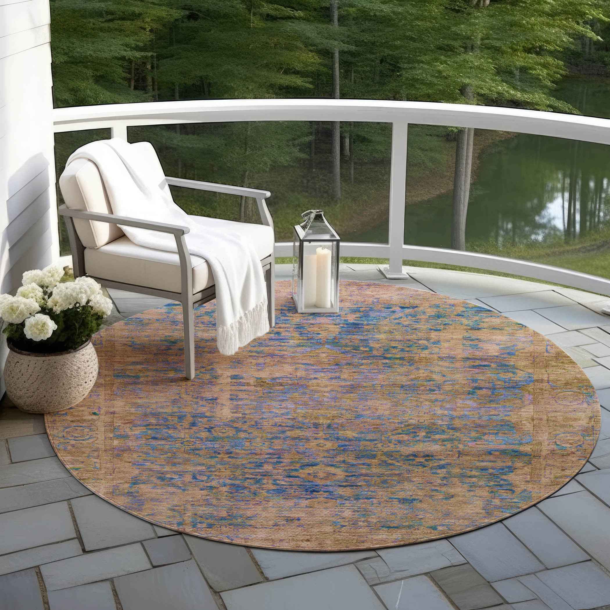 8' Navy Blue And Gold Round Abstract Washable Indoor Outdoor Area Rug