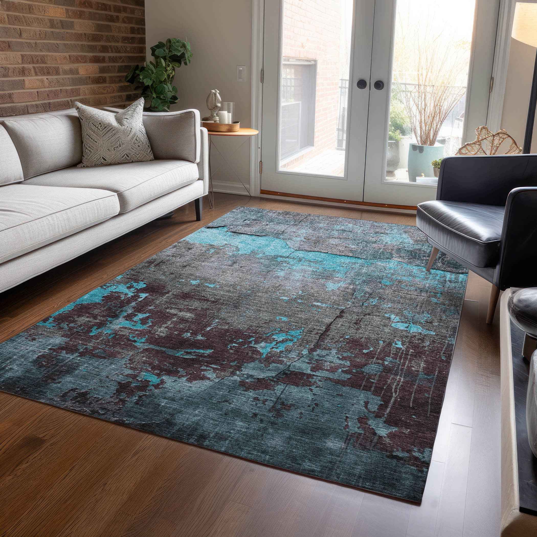 10' X 14' Teal Blue Gray And Taupe Abstract Washable Indoor Outdoor Area Rug