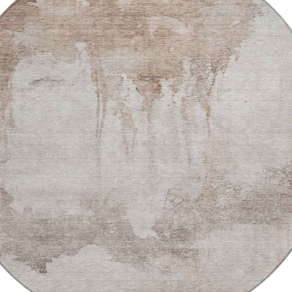 8' Taupe And Ivory Round Abstract Washable Indoor Outdoor Area Rug