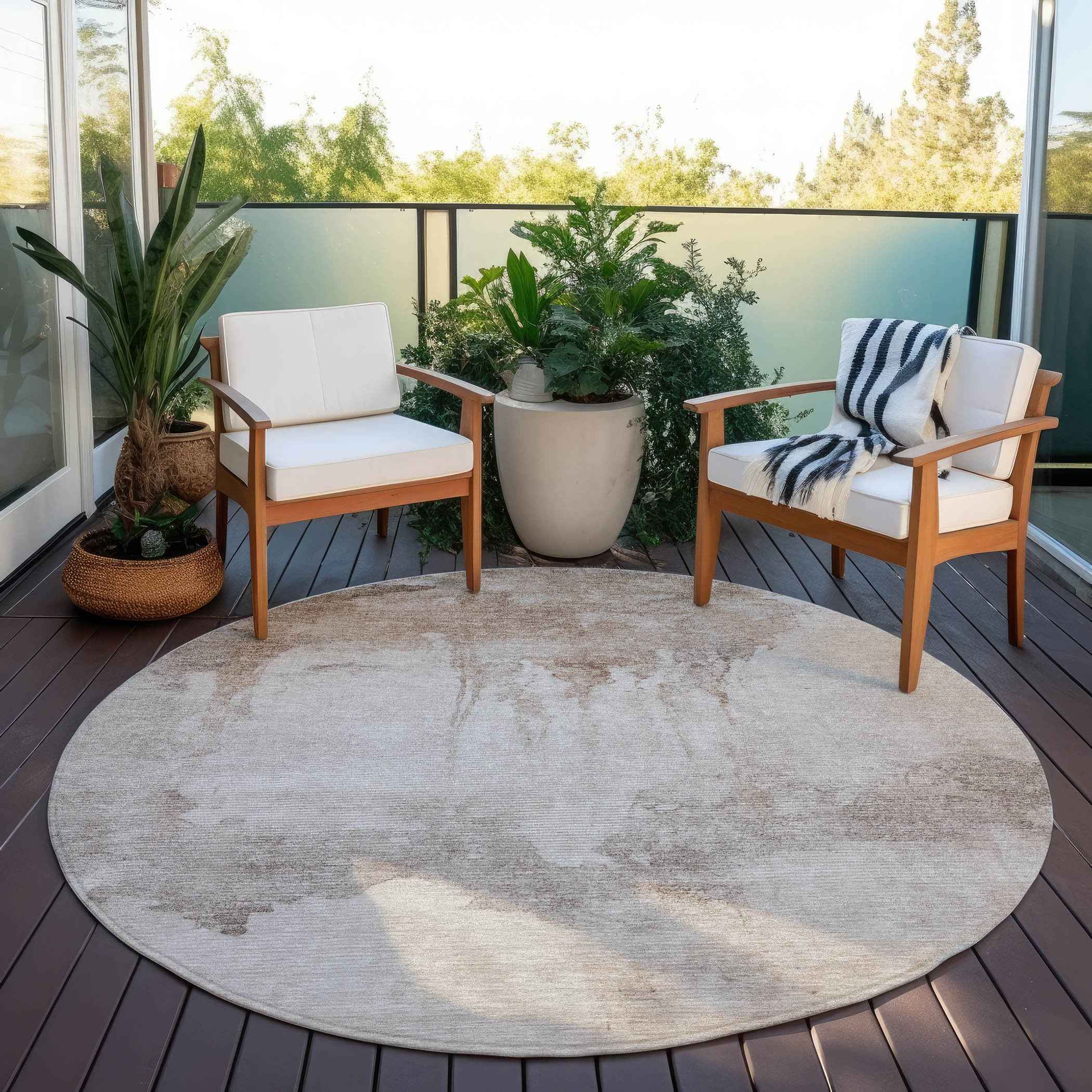 8' Taupe And Ivory Round Abstract Washable Indoor Outdoor Area Rug