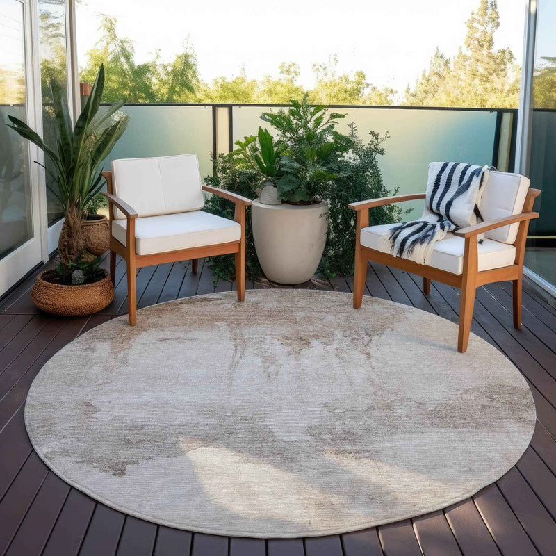 8' Taupe And Ivory Round Abstract Washable Indoor Outdoor Area Rug