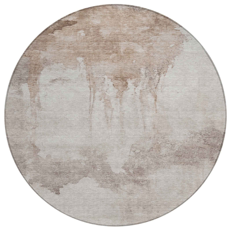8' Taupe And Ivory Round Abstract Washable Indoor Outdoor Area Rug