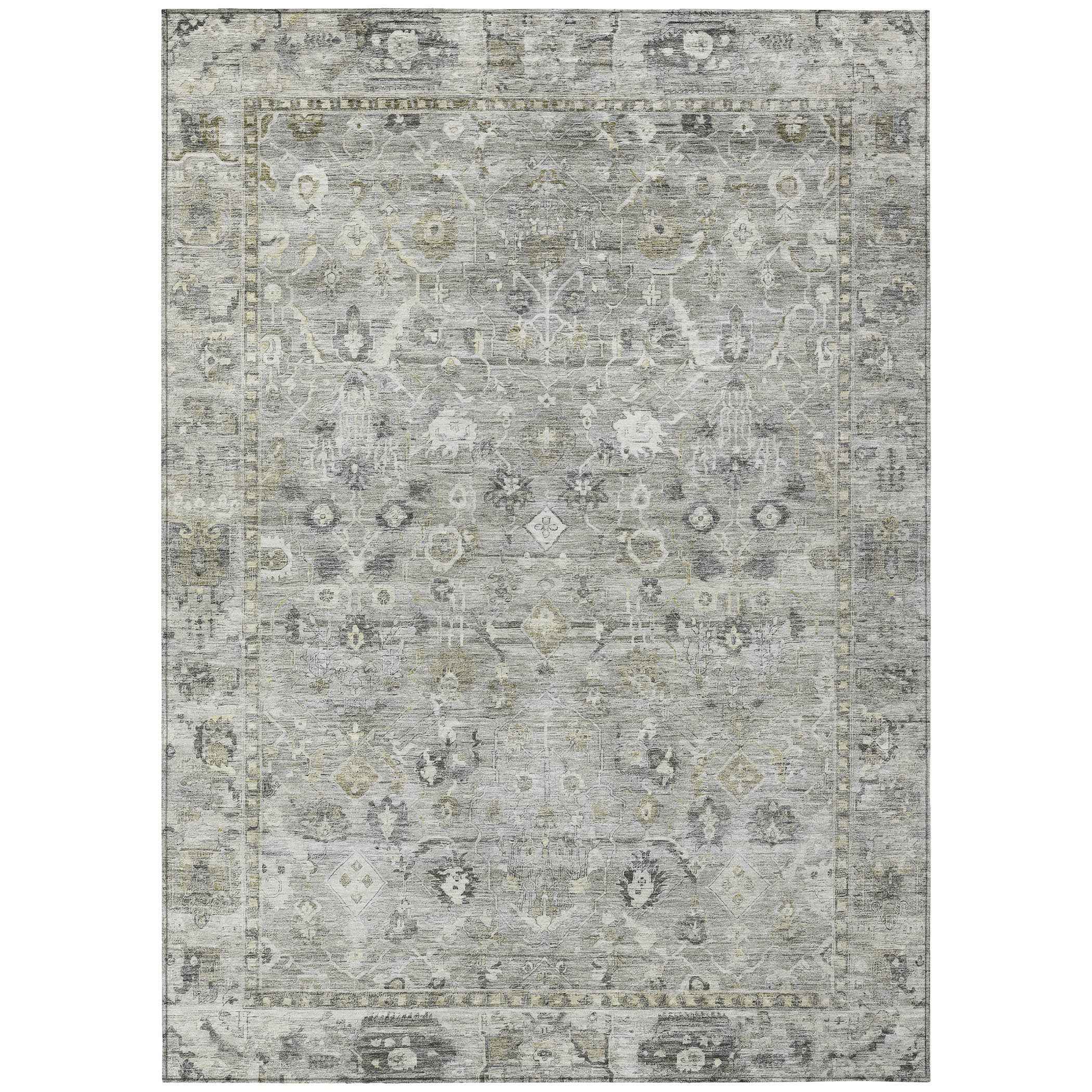 8' X 10' Pewter Beige And Ivory Oriental Washable Indoor Outdoor Area Rug