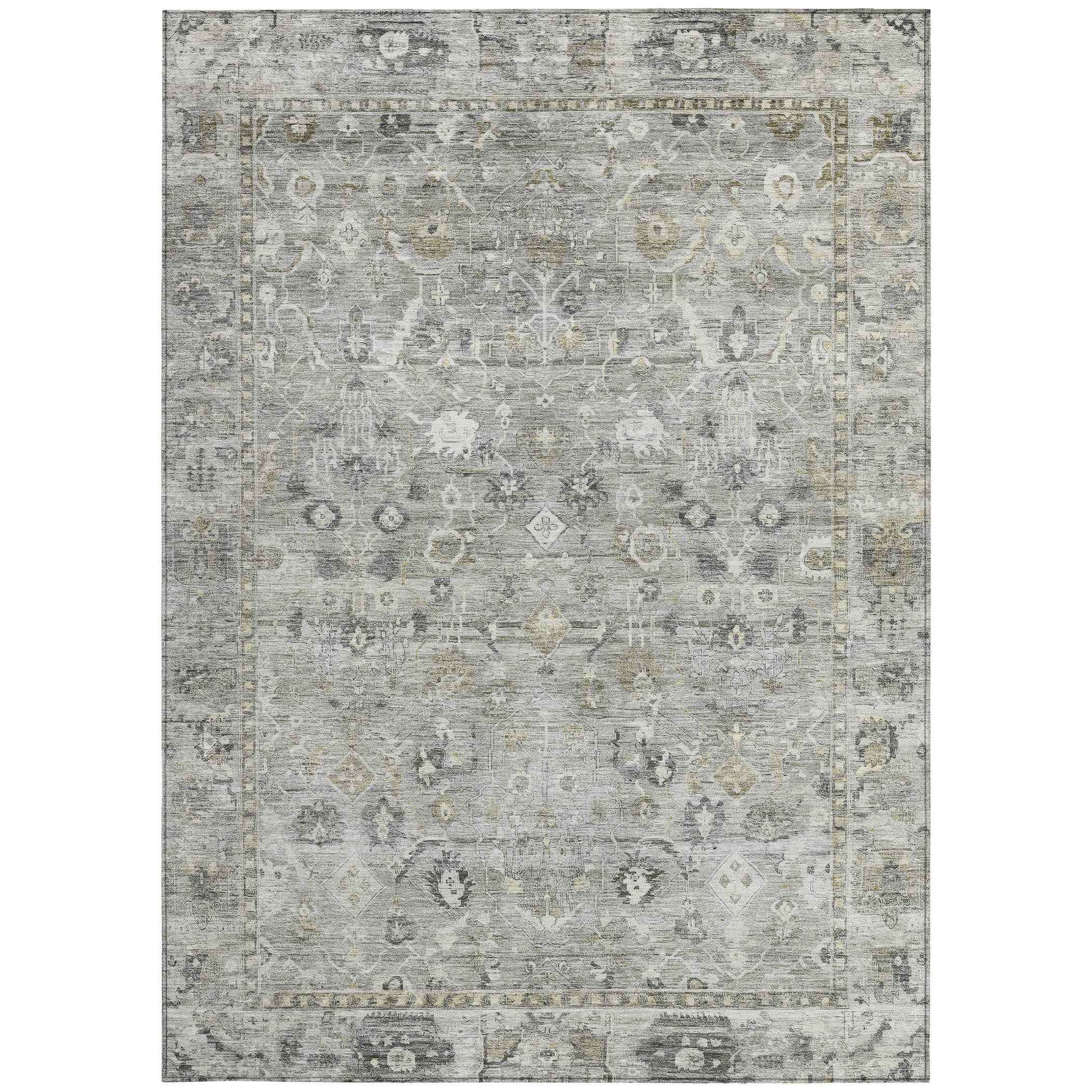 8' X 10' Pewter Beige And Ivory Oriental Washable Indoor Outdoor Area Rug