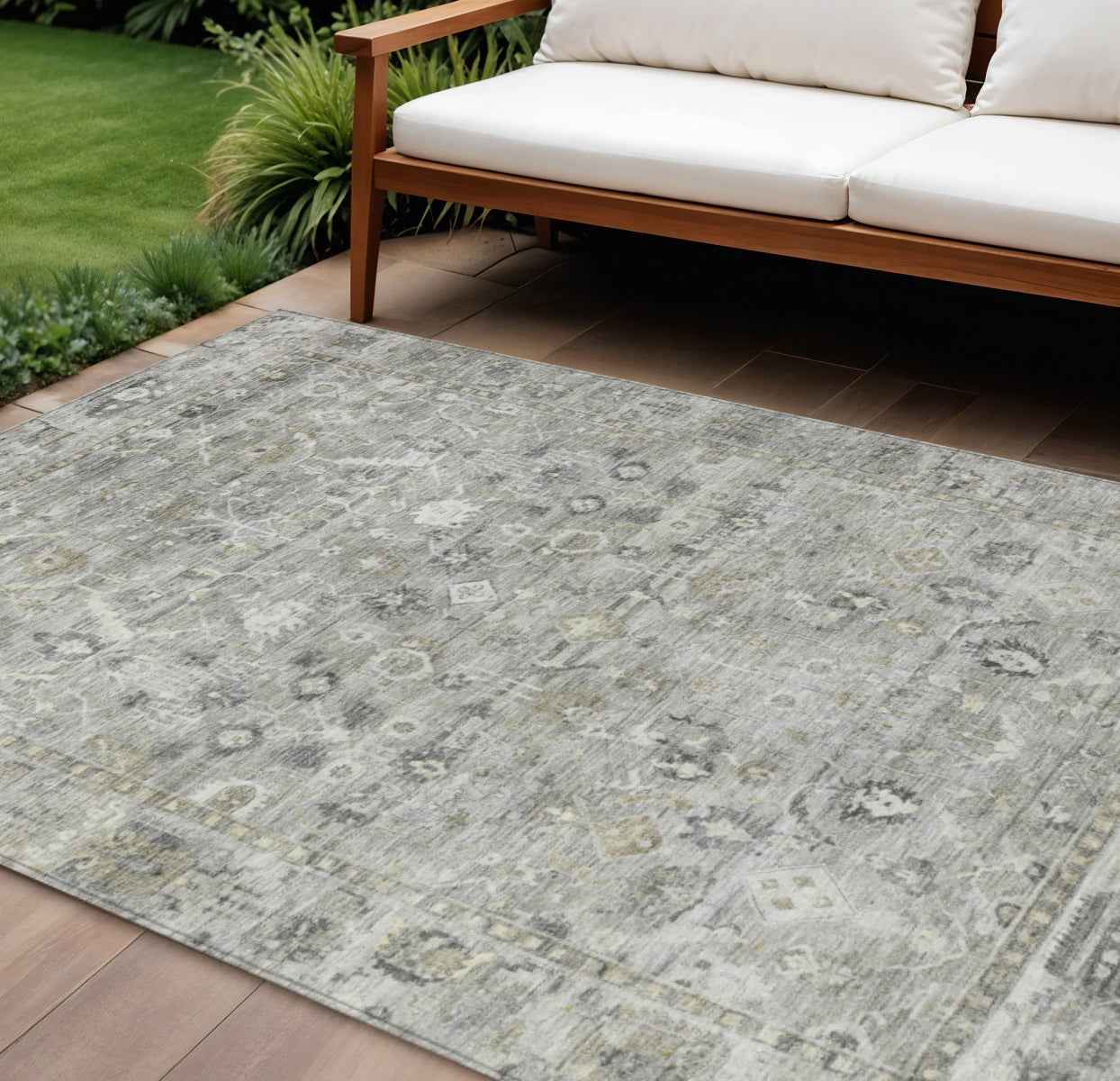 8' X 10' Pewter Beige And Ivory Oriental Washable Indoor Outdoor Area Rug