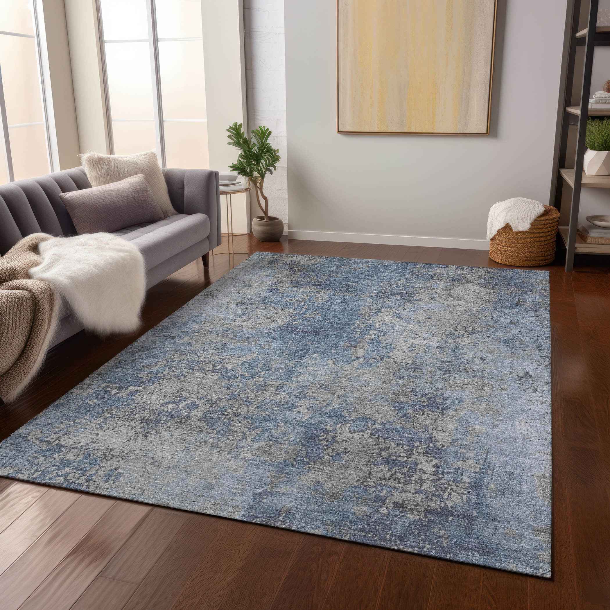 8' X 10' Denim Blue And Silver Abstract Washable Indoor Outdoor Area Rug