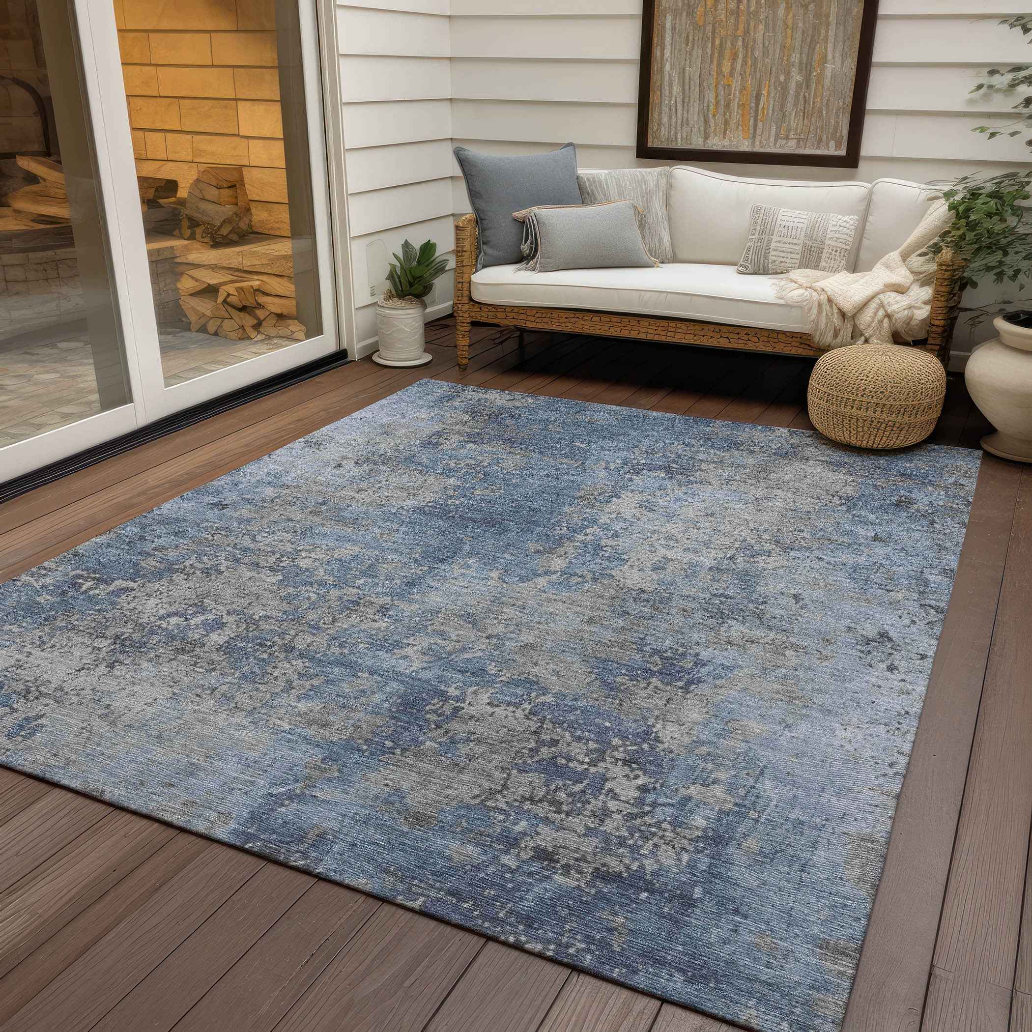8' X 10' Denim Blue And Silver Abstract Washable Indoor Outdoor Area Rug