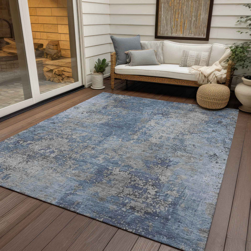 8' X 10' Denim Blue And Silver Abstract Washable Indoor Outdoor Area Rug