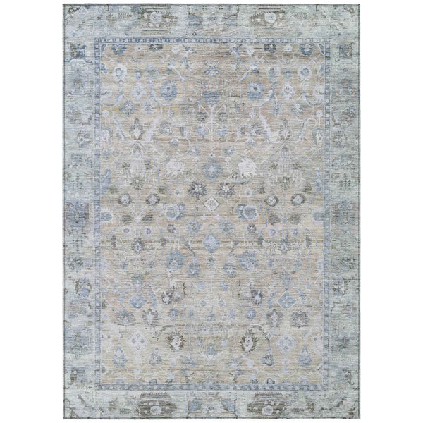 10' X 14' Beige Blue And Ivory Oriental Washable Indoor Outdoor Area Rug