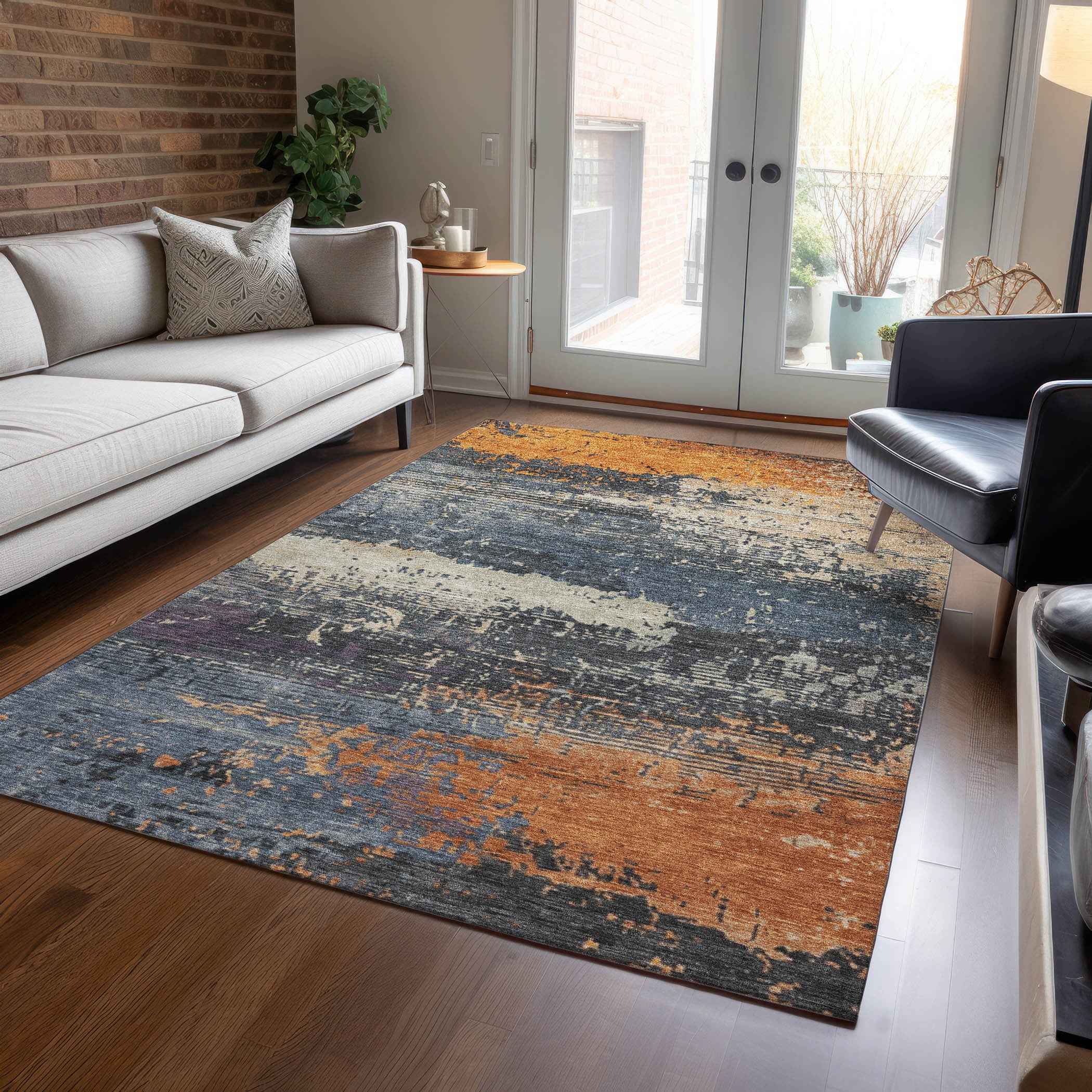 10' X 14' Blue Gray And Orange Abstract Washable Indoor Outdoor Area Rug