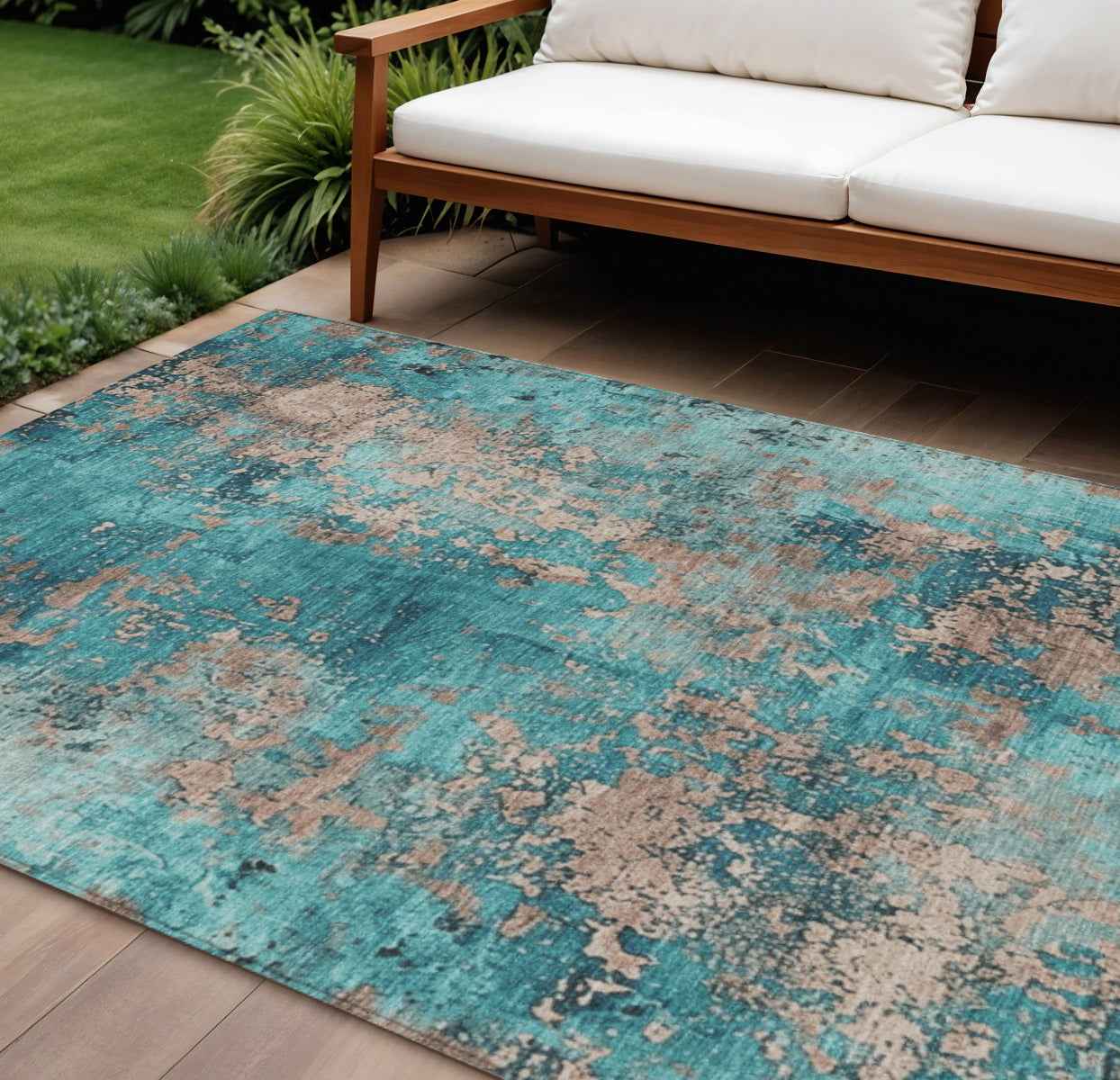 8' X 10' Teal Blue And Beige Abstract Washable Indoor Outdoor Area Rug