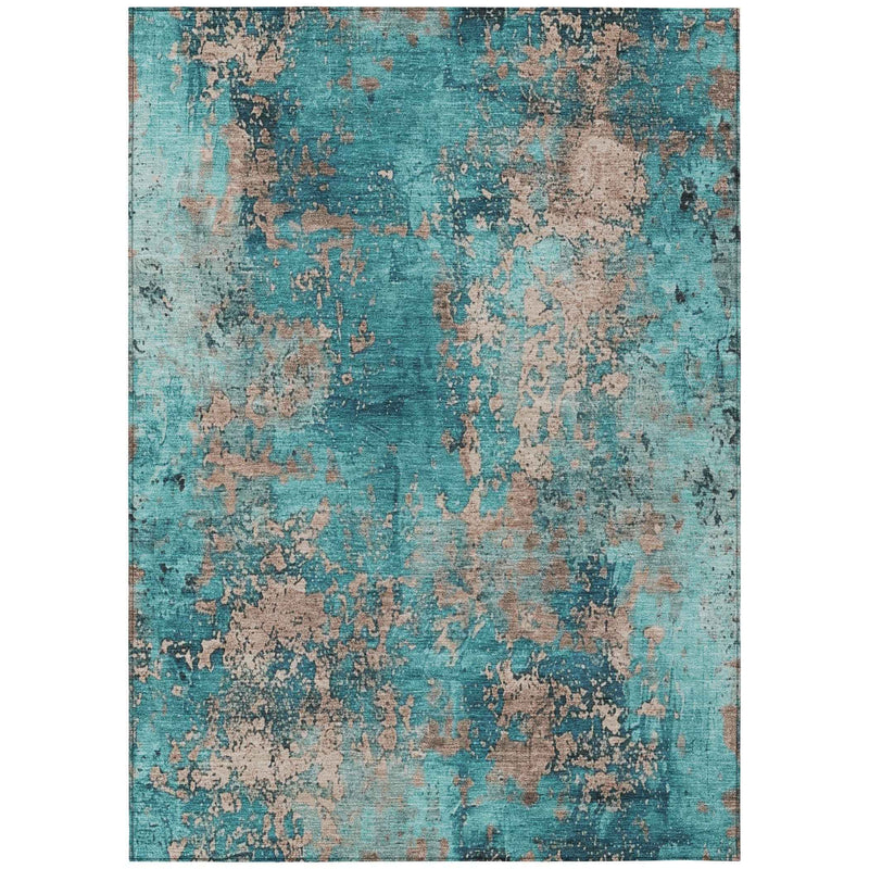 8' X 10' Teal Blue And Beige Abstract Washable Indoor Outdoor Area Rug