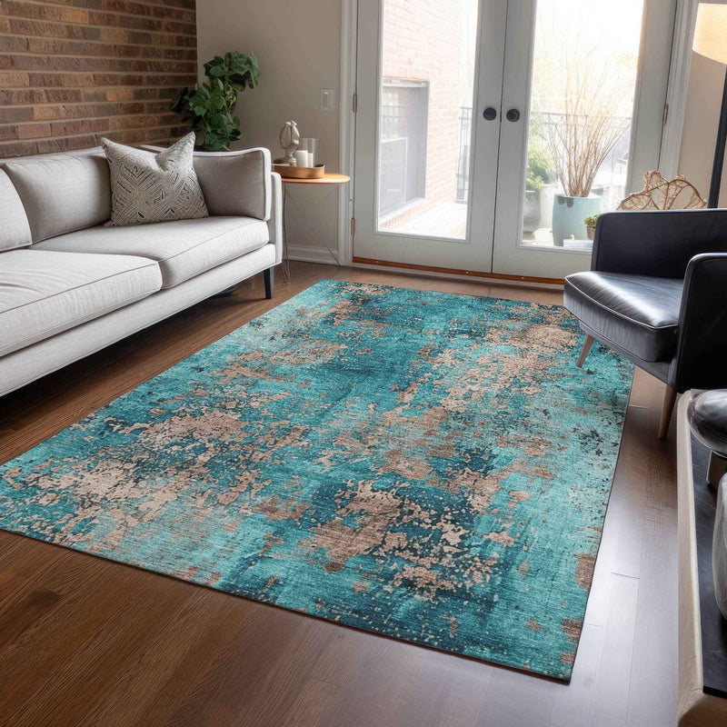 8' X 10' Teal Blue And Beige Abstract Washable Indoor Outdoor Area Rug