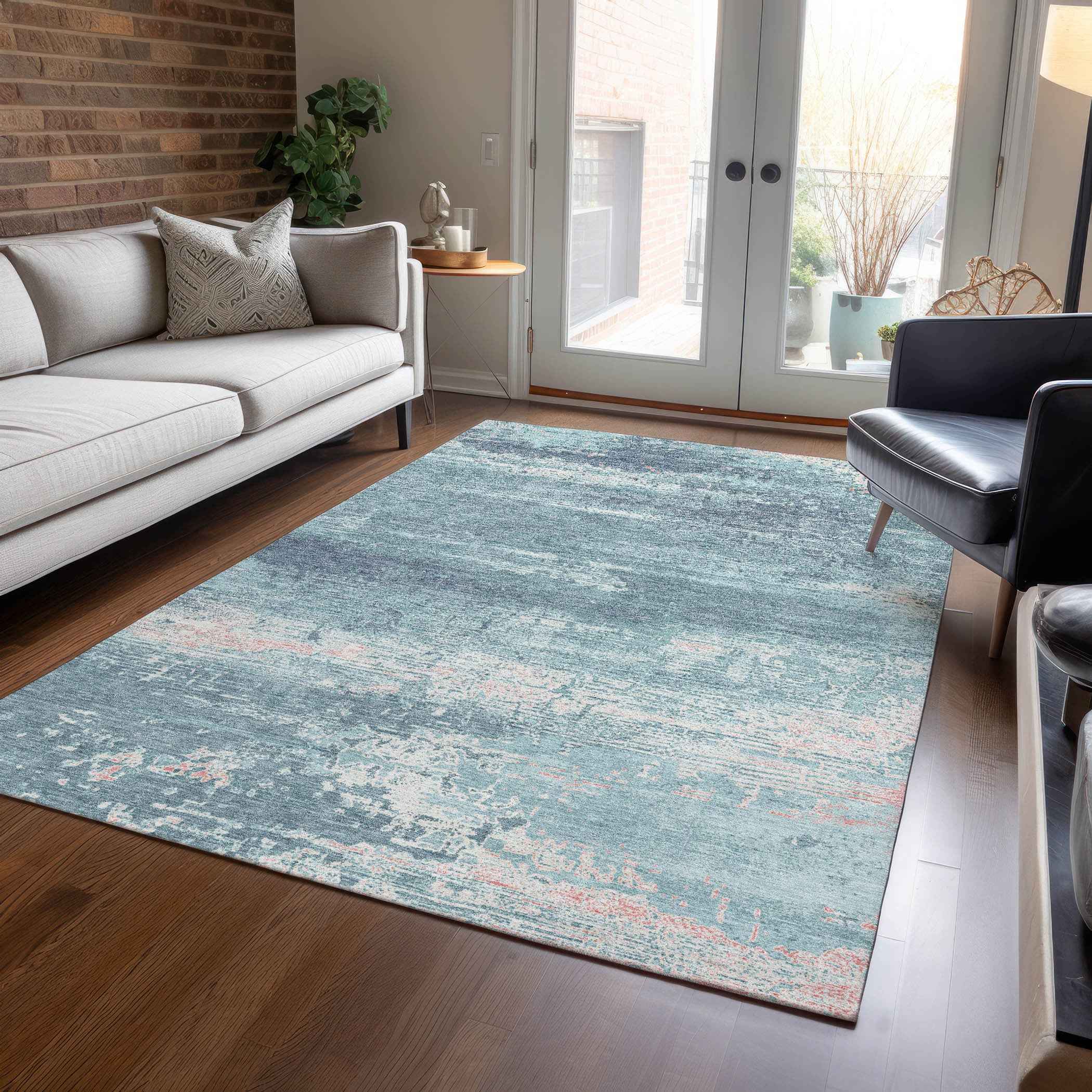 5' X 8' Teal Blue And Ivory Abstract Washable Indoor Outdoor Area Rug