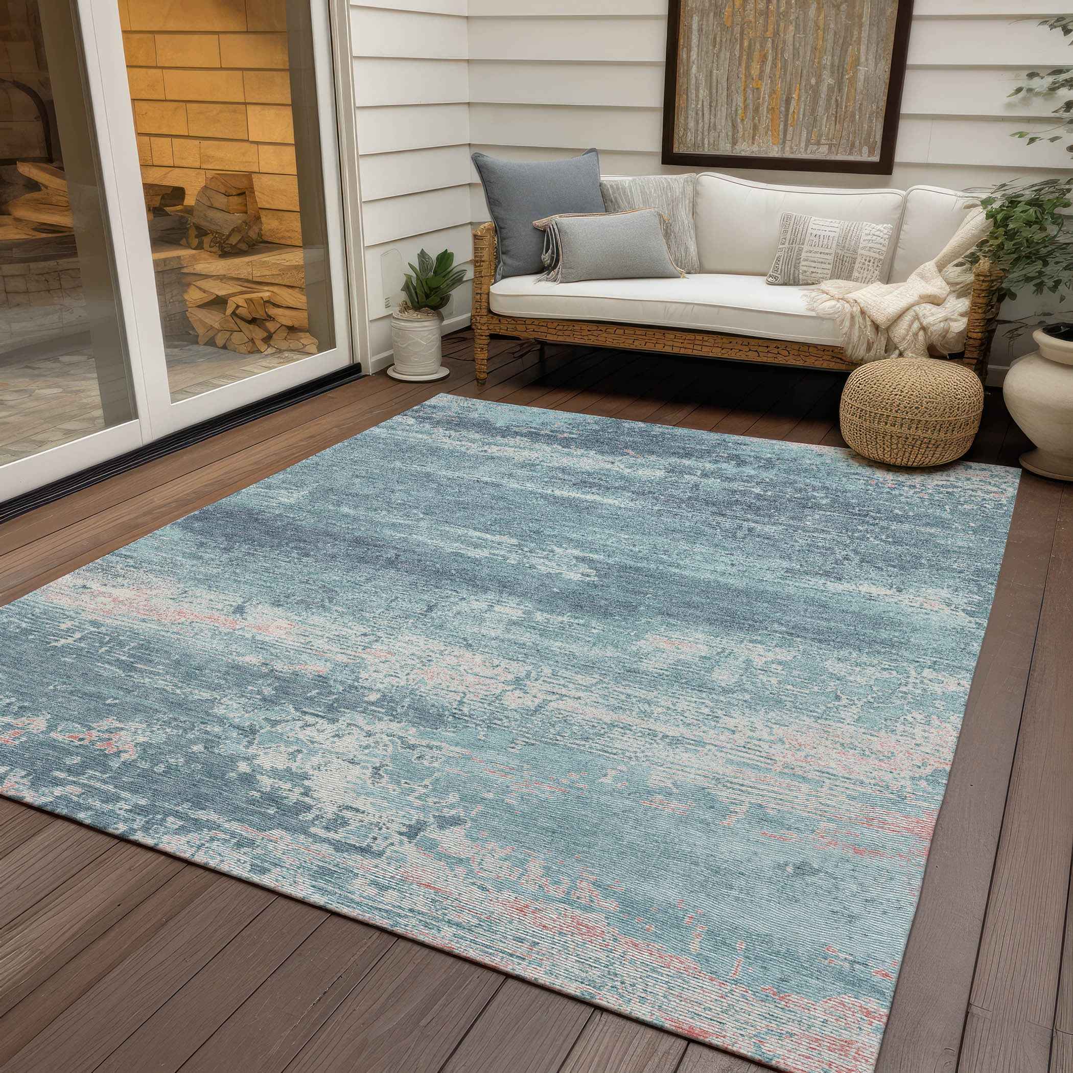 5' X 8' Teal Blue And Ivory Abstract Washable Indoor Outdoor Area Rug