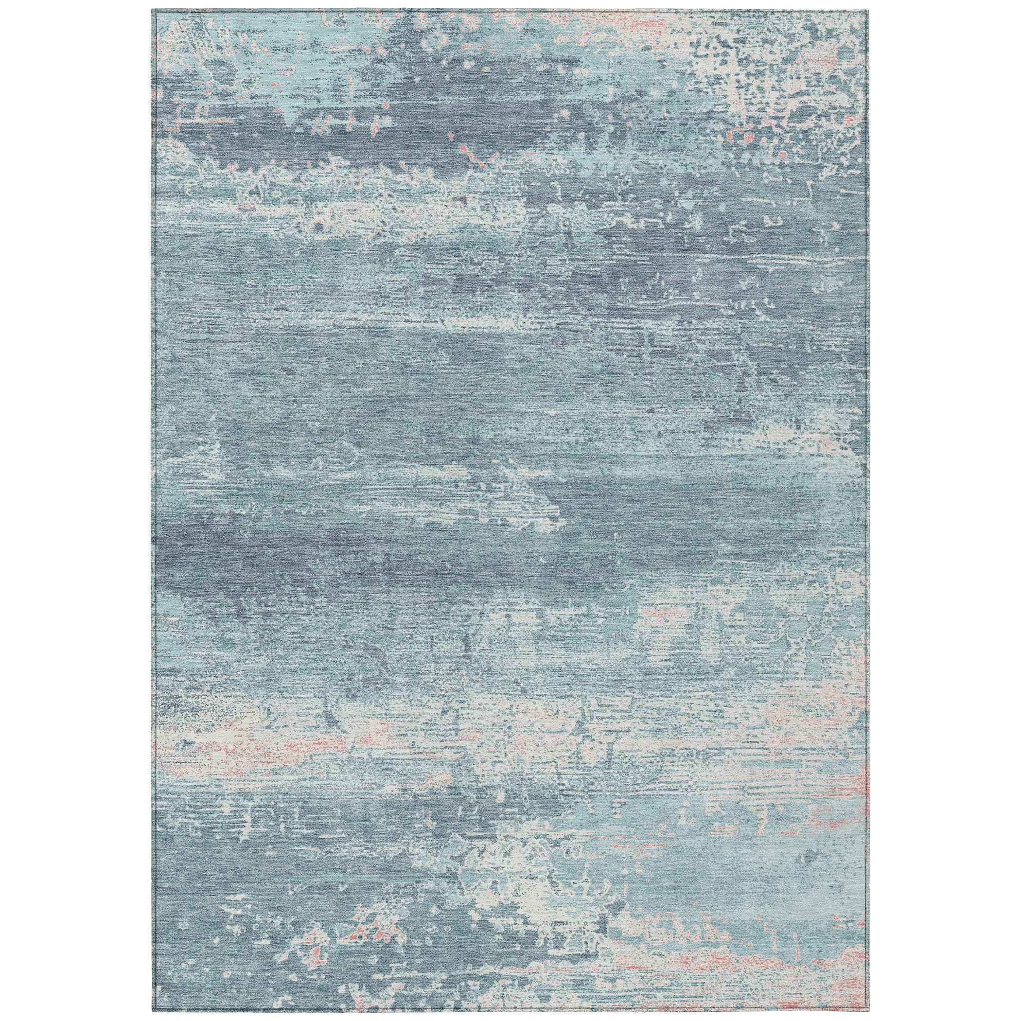 5' X 8' Teal Blue And Ivory Abstract Washable Indoor Outdoor Area Rug