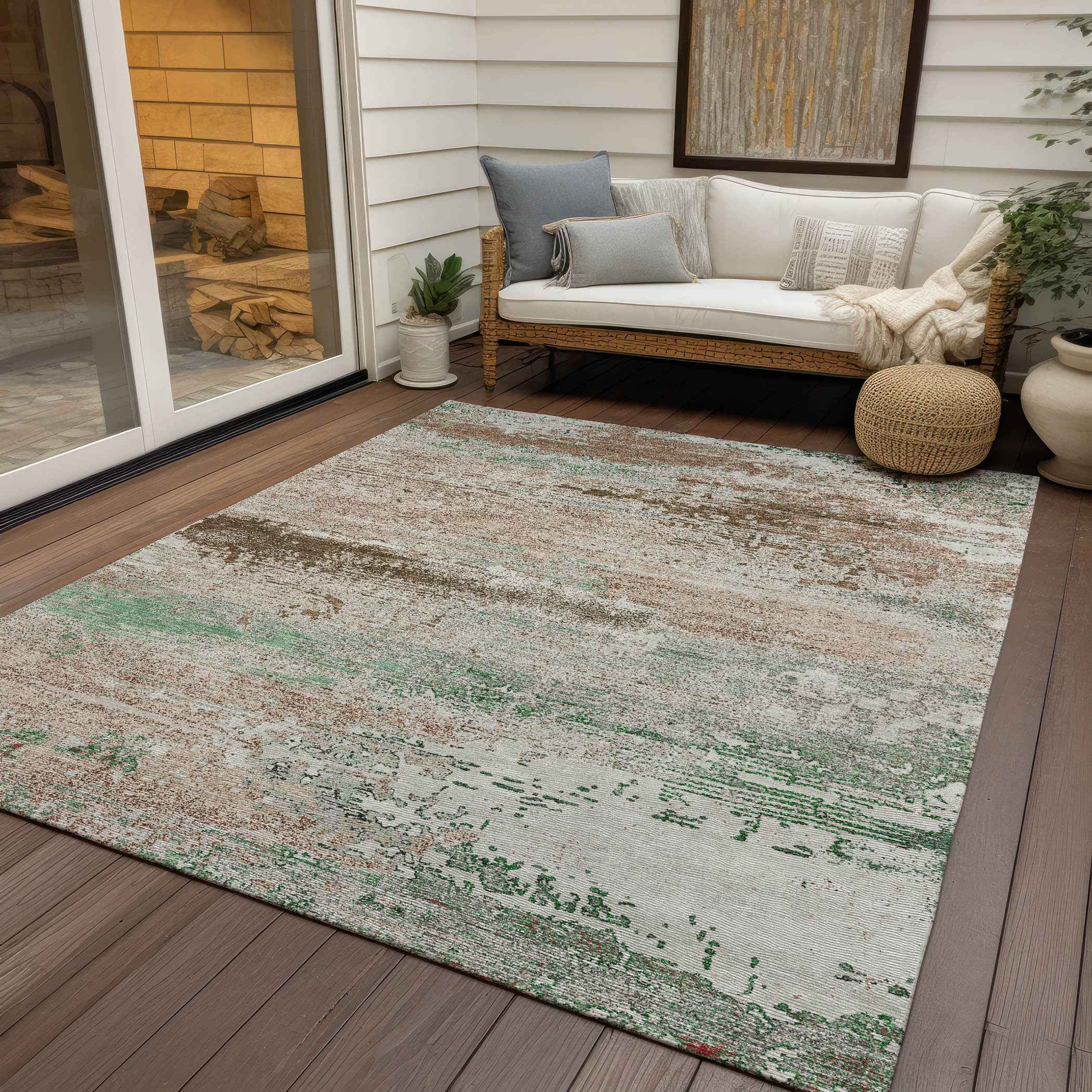 9' X 12' Khaki Beige And Ivory Abstract Washable Indoor Outdoor Area Rug