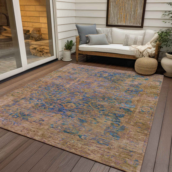 8' X 10' Navy Blue And Gold Abstract Washable Indoor Outdoor Area Rug