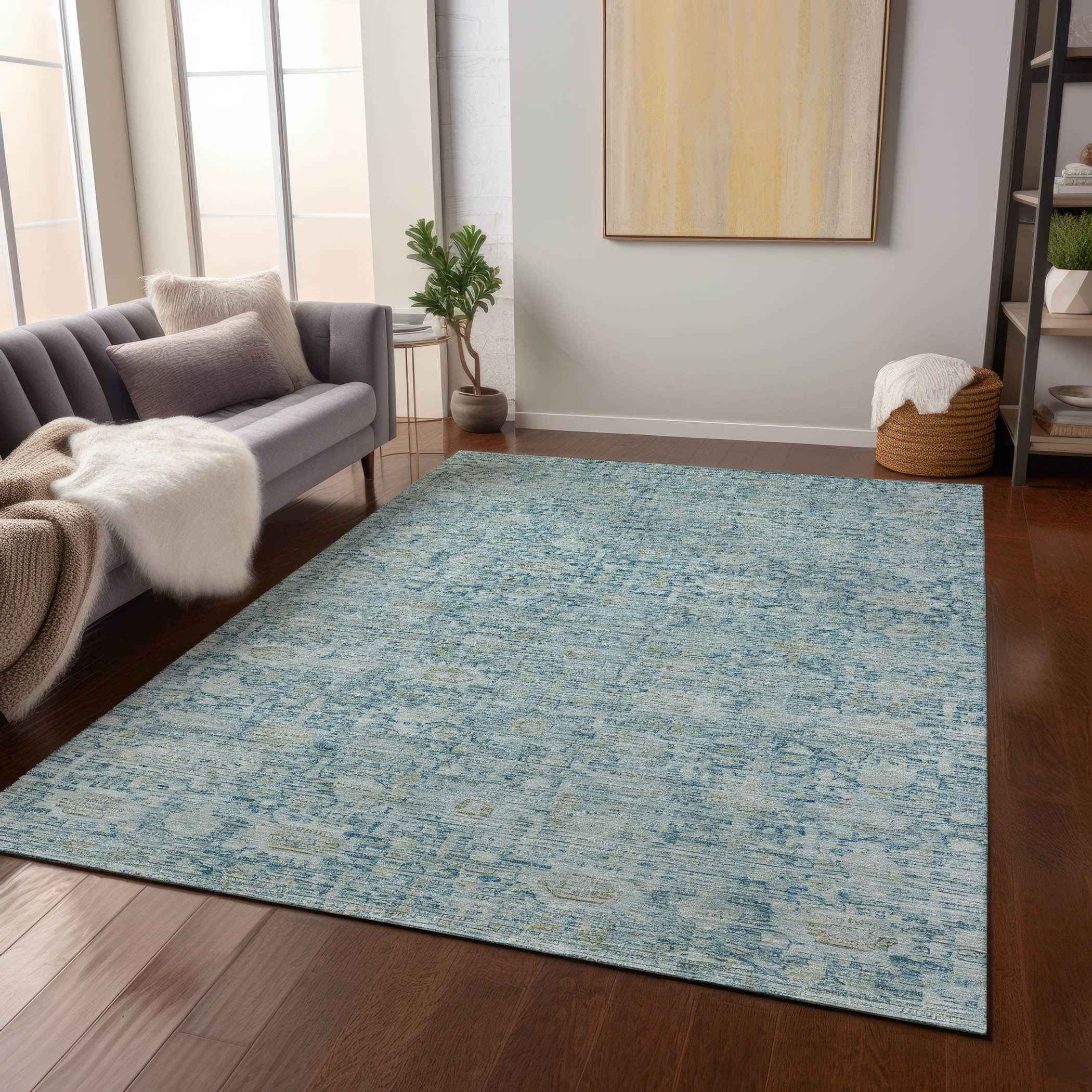 3' X 5' Blue And Ivory Oriental Washable Indoor Outdoor Area Rug