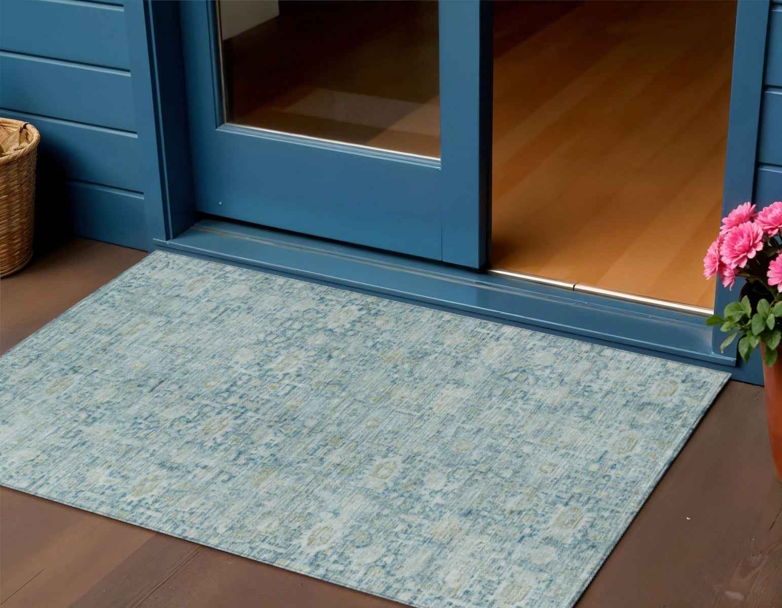 3' X 5' Blue And Ivory Oriental Washable Indoor Outdoor Area Rug