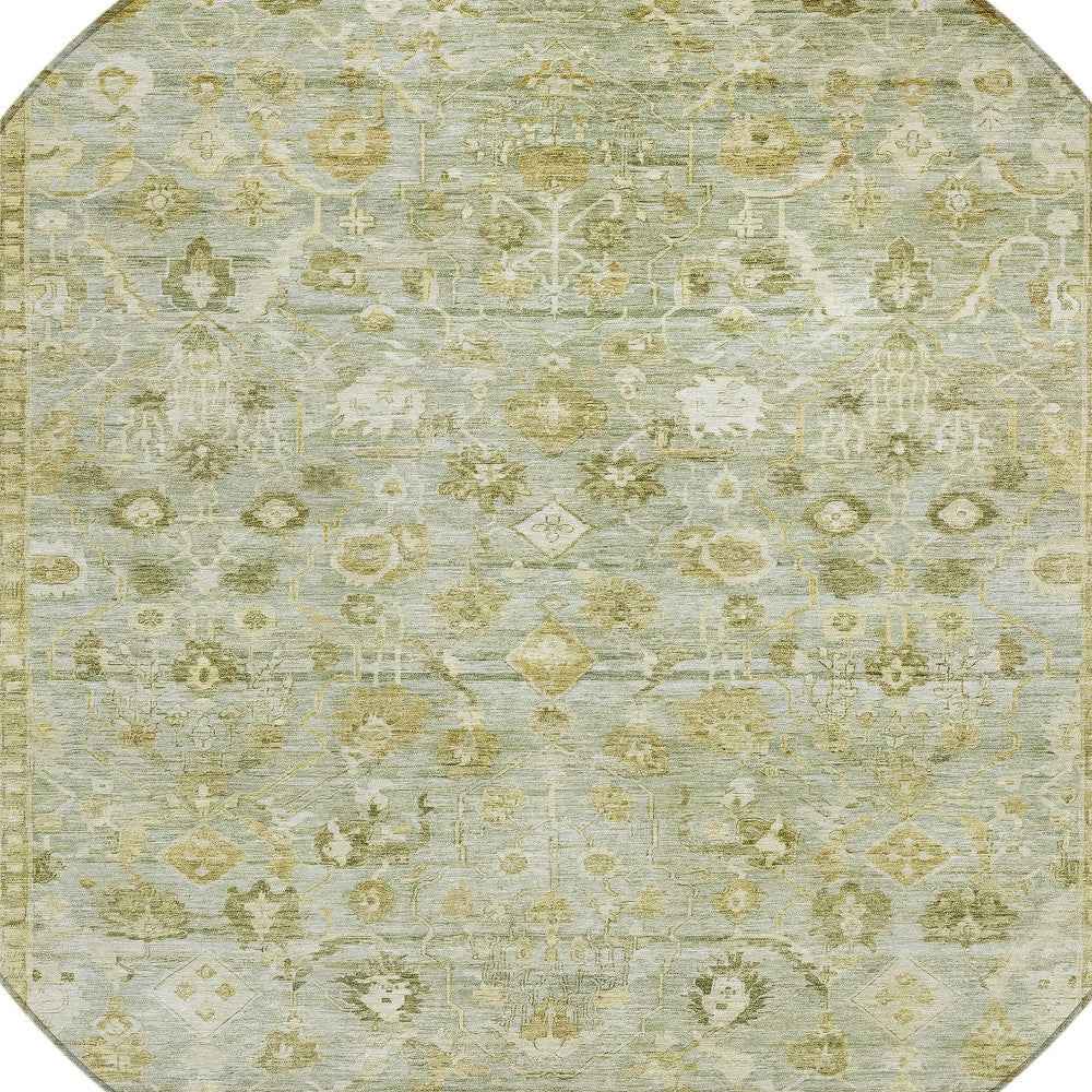 8' Sage And Ivory Round Oriental Washable Indoor Outdoor Area Rug