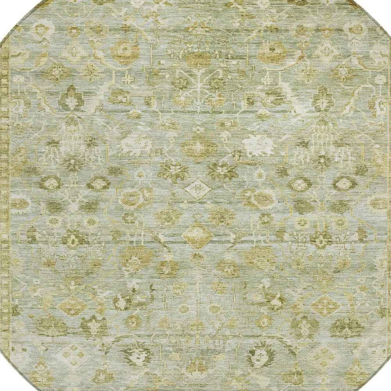 8' Sage And Ivory Round Oriental Washable Indoor Outdoor Area Rug