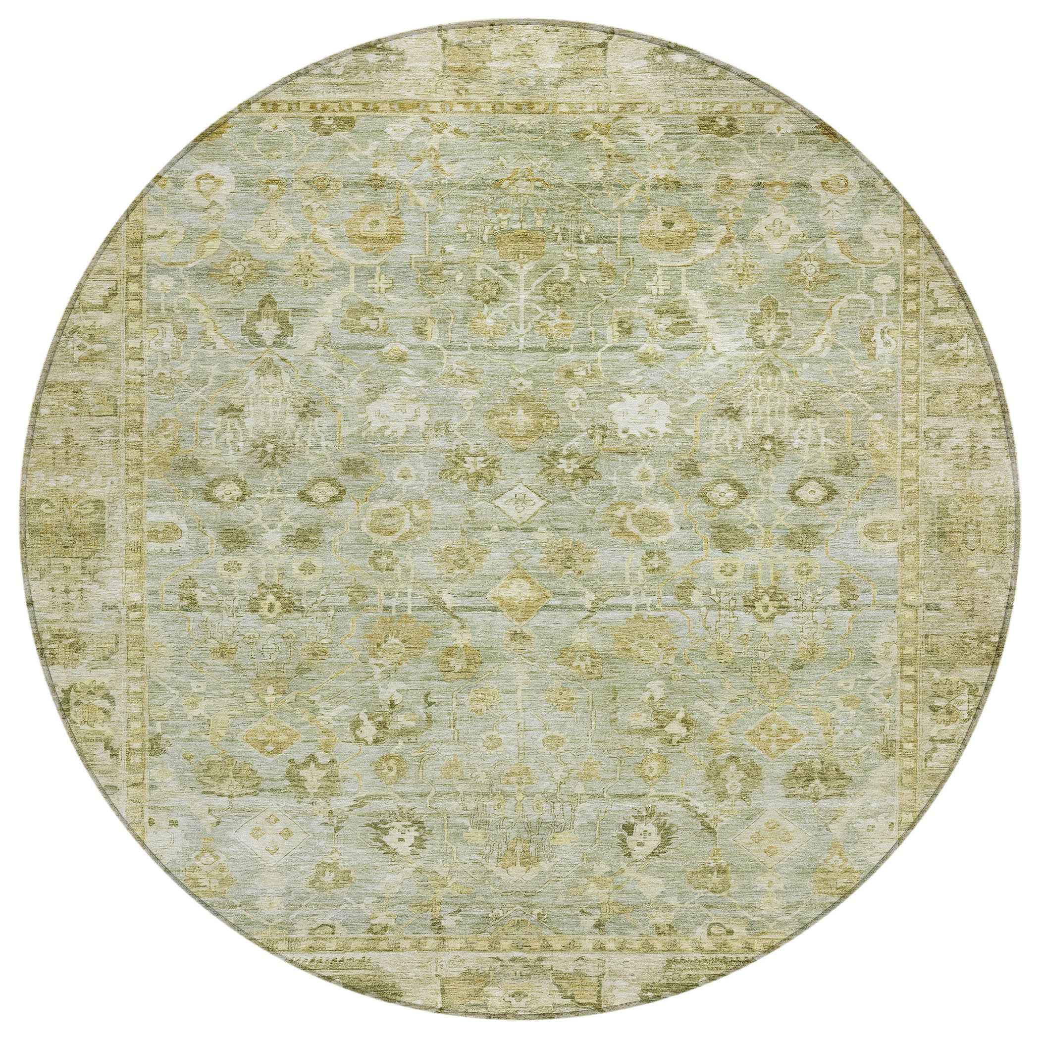 8' Sage And Ivory Round Oriental Washable Indoor Outdoor Area Rug