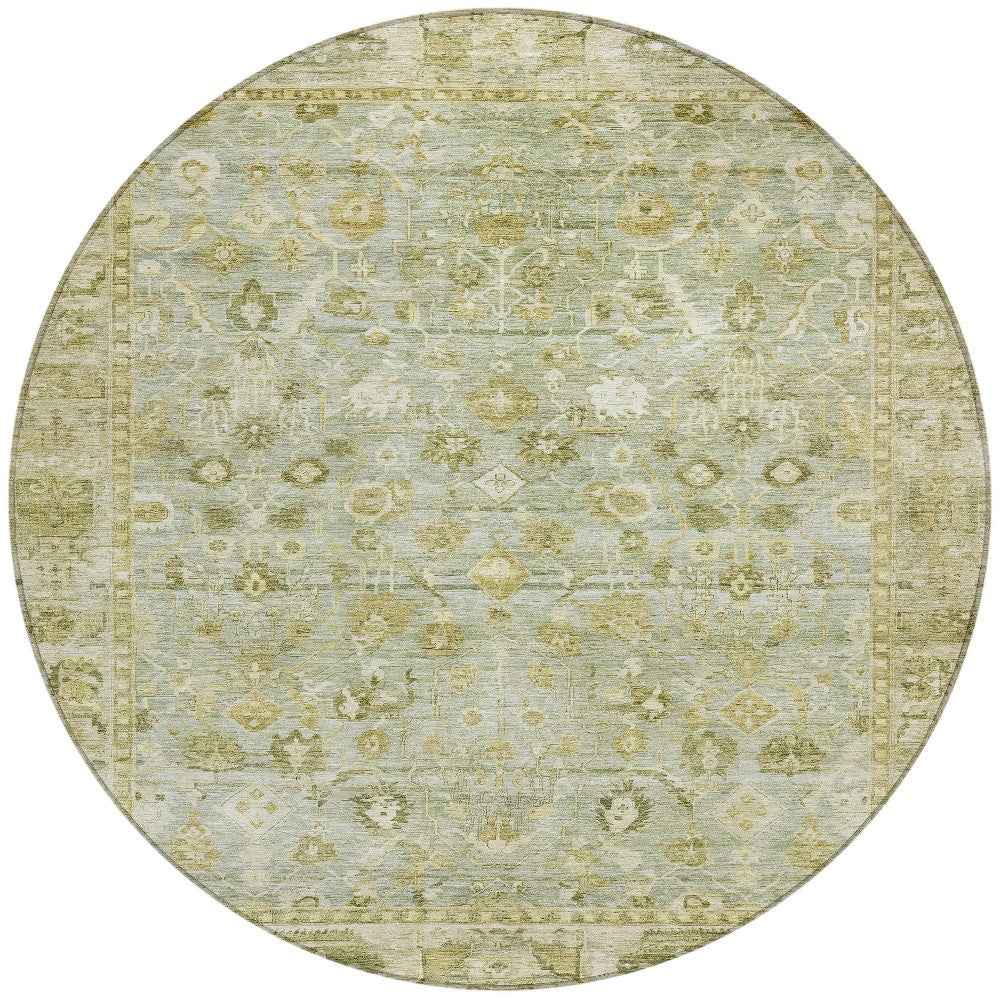 8' Sage And Ivory Round Oriental Washable Indoor Outdoor Area Rug