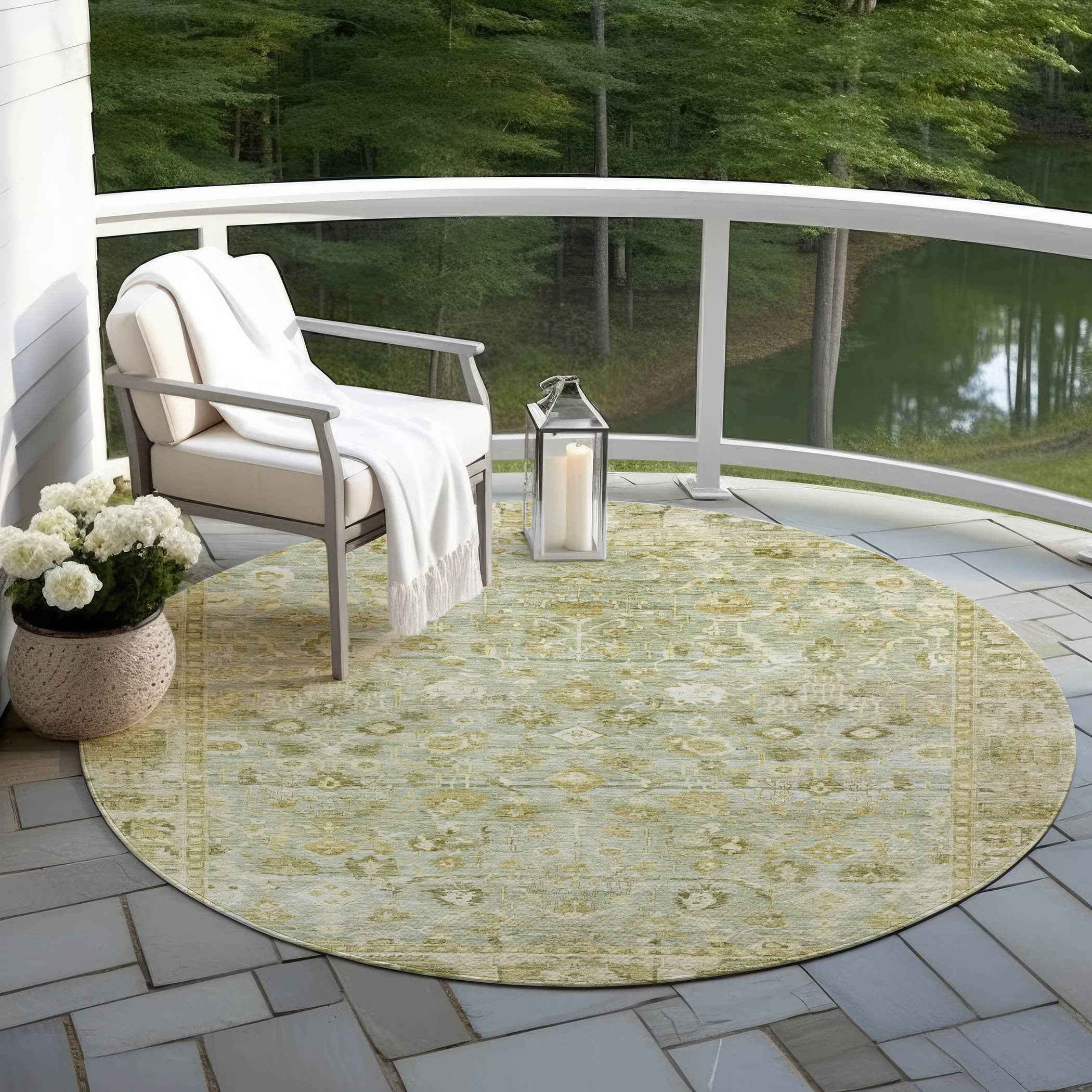 8' Sage And Ivory Round Oriental Washable Indoor Outdoor Area Rug