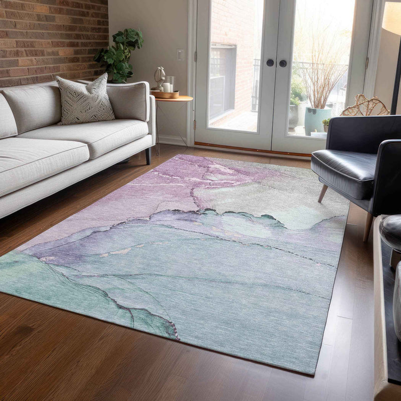 5' X 8' Pale Aqua And Lavender Abstract Washable Indoor Outdoor Area Rug