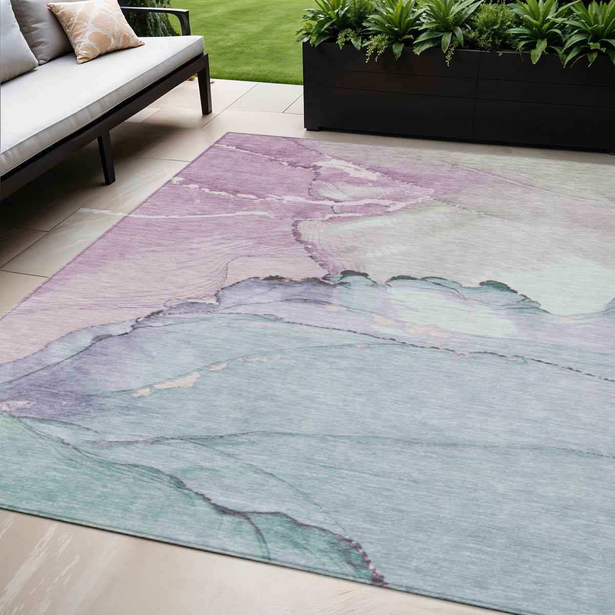 5' X 8' Pale Aqua And Lavender Abstract Washable Indoor Outdoor Area Rug