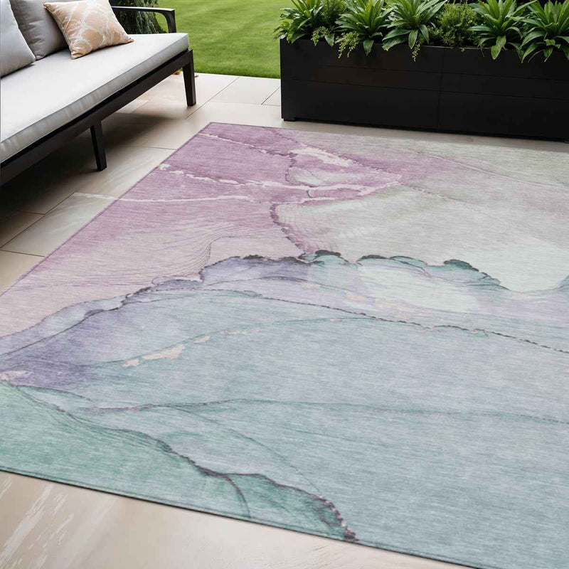 5' X 8' Pale Aqua And Lavender Abstract Washable Indoor Outdoor Area Rug