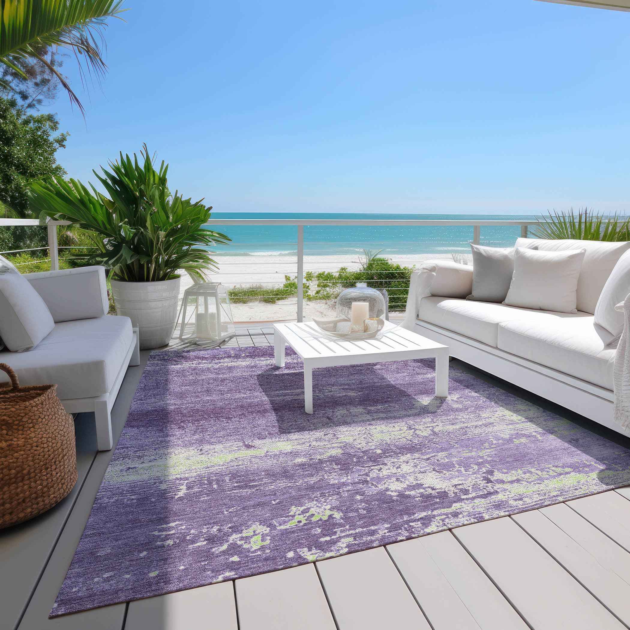 10' X 14' Purple And Ivory Abstract Washable Indoor Outdoor Area Rug