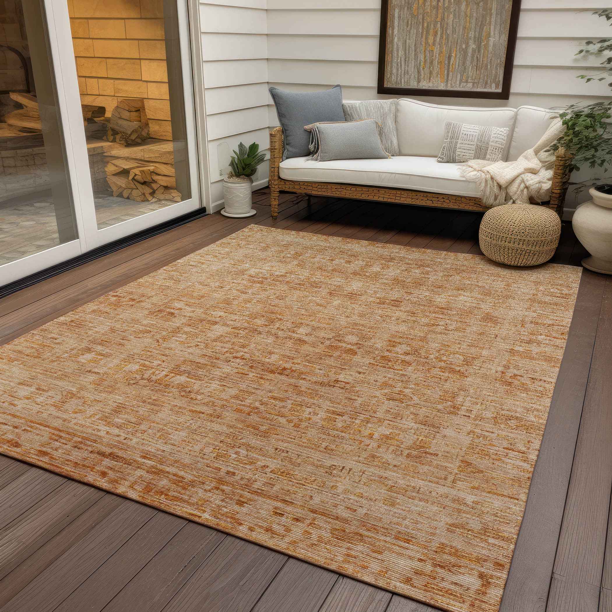 5' X 8' Coral And Peach Abstract Washable Indoor Outdoor Area Rug