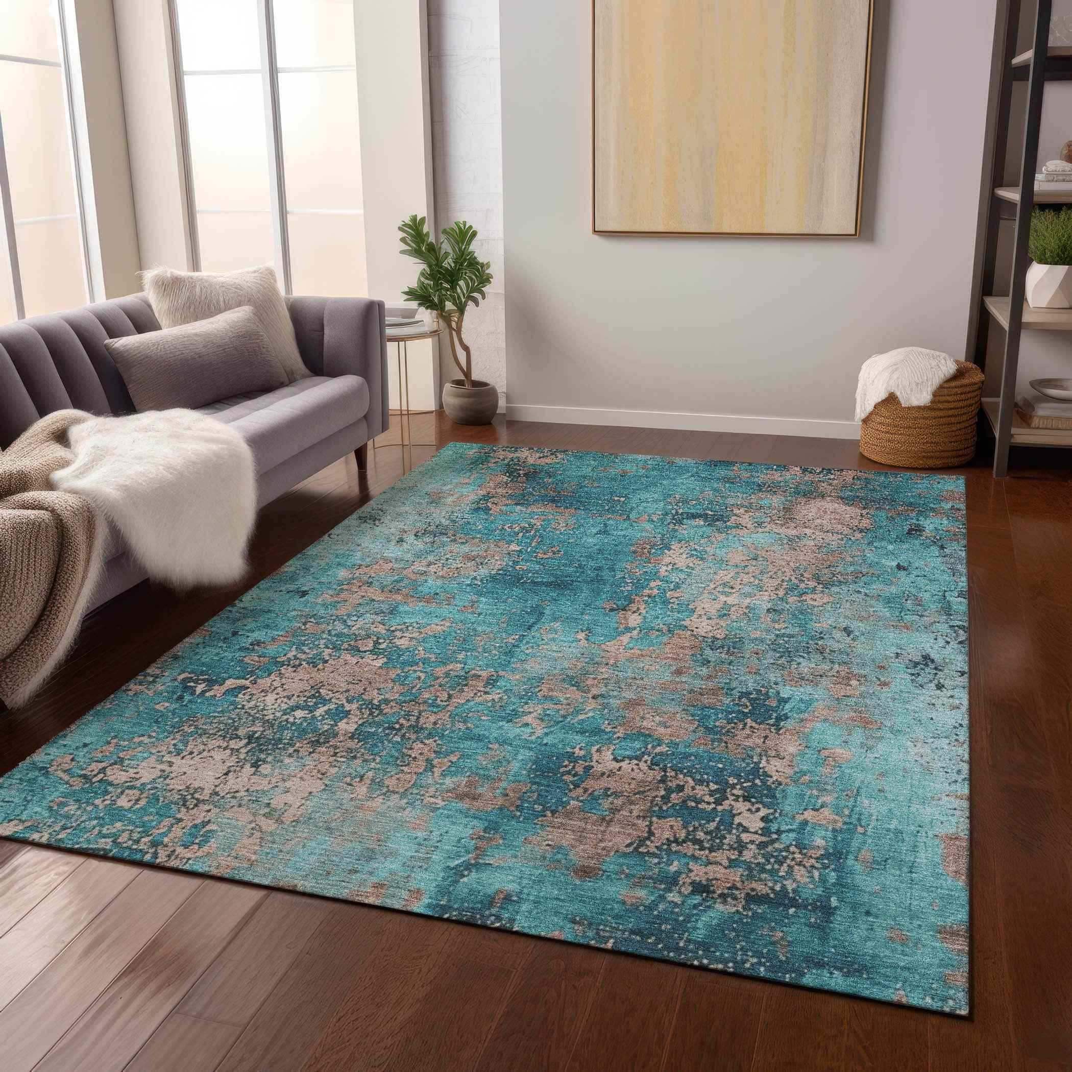 3' X 5' Teal Blue And Beige Abstract Washable Indoor Outdoor Area Rug