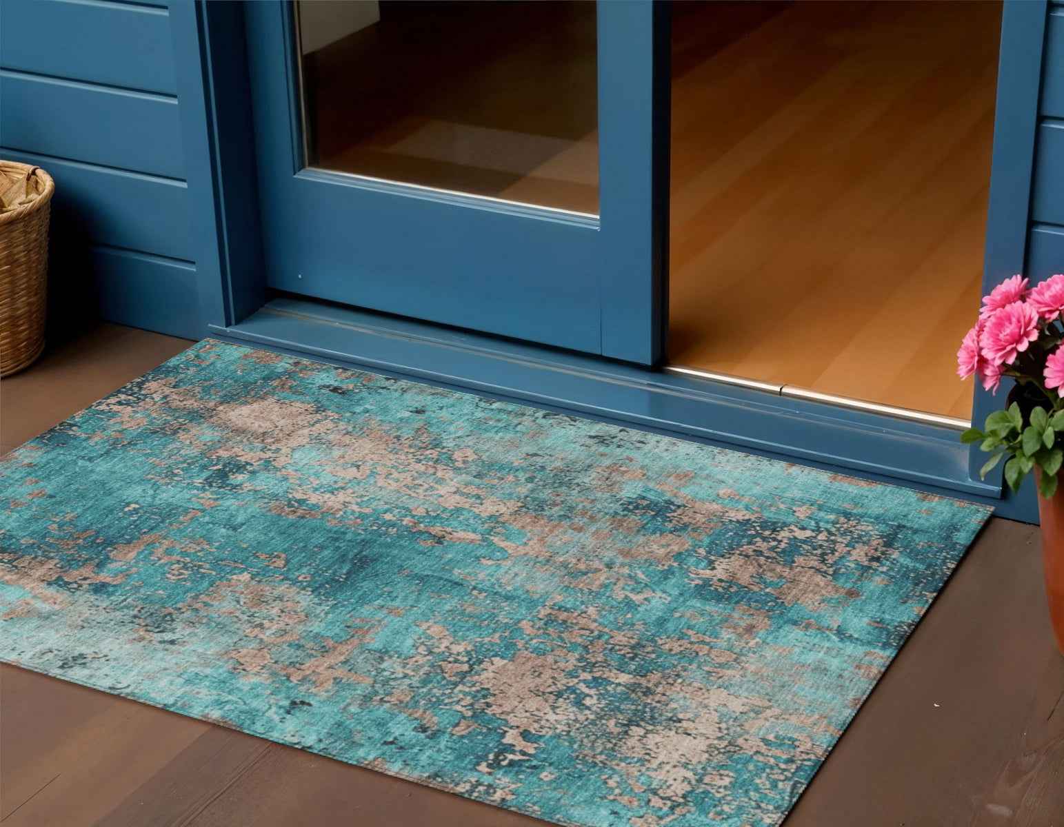 3' X 5' Teal Blue And Beige Abstract Washable Indoor Outdoor Area Rug