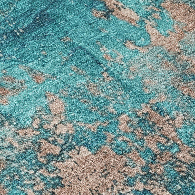 3' X 5' Teal Blue And Beige Abstract Washable Indoor Outdoor Area Rug