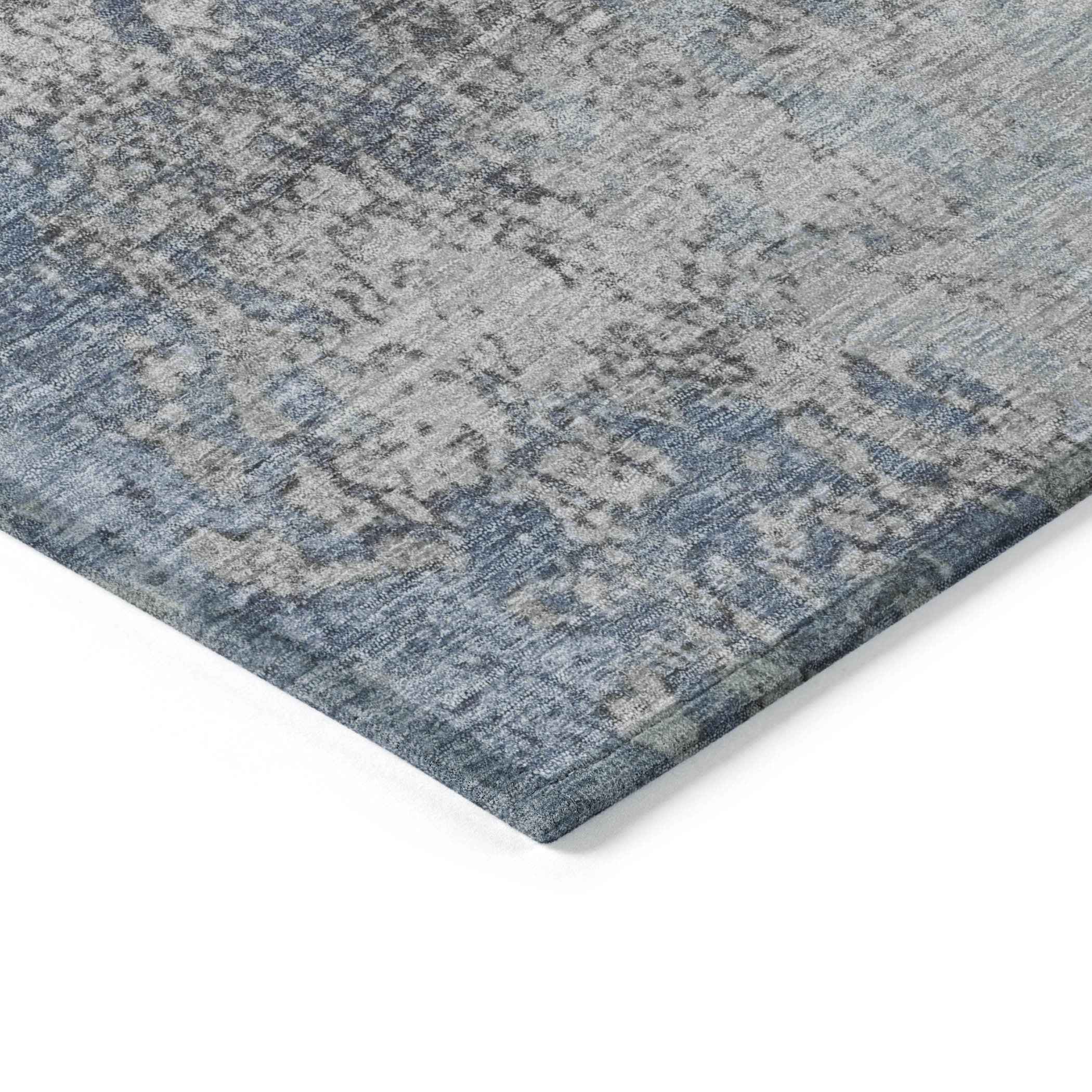 9' X 12' Denim Blue And Silver Abstract Washable Indoor Outdoor Area Rug