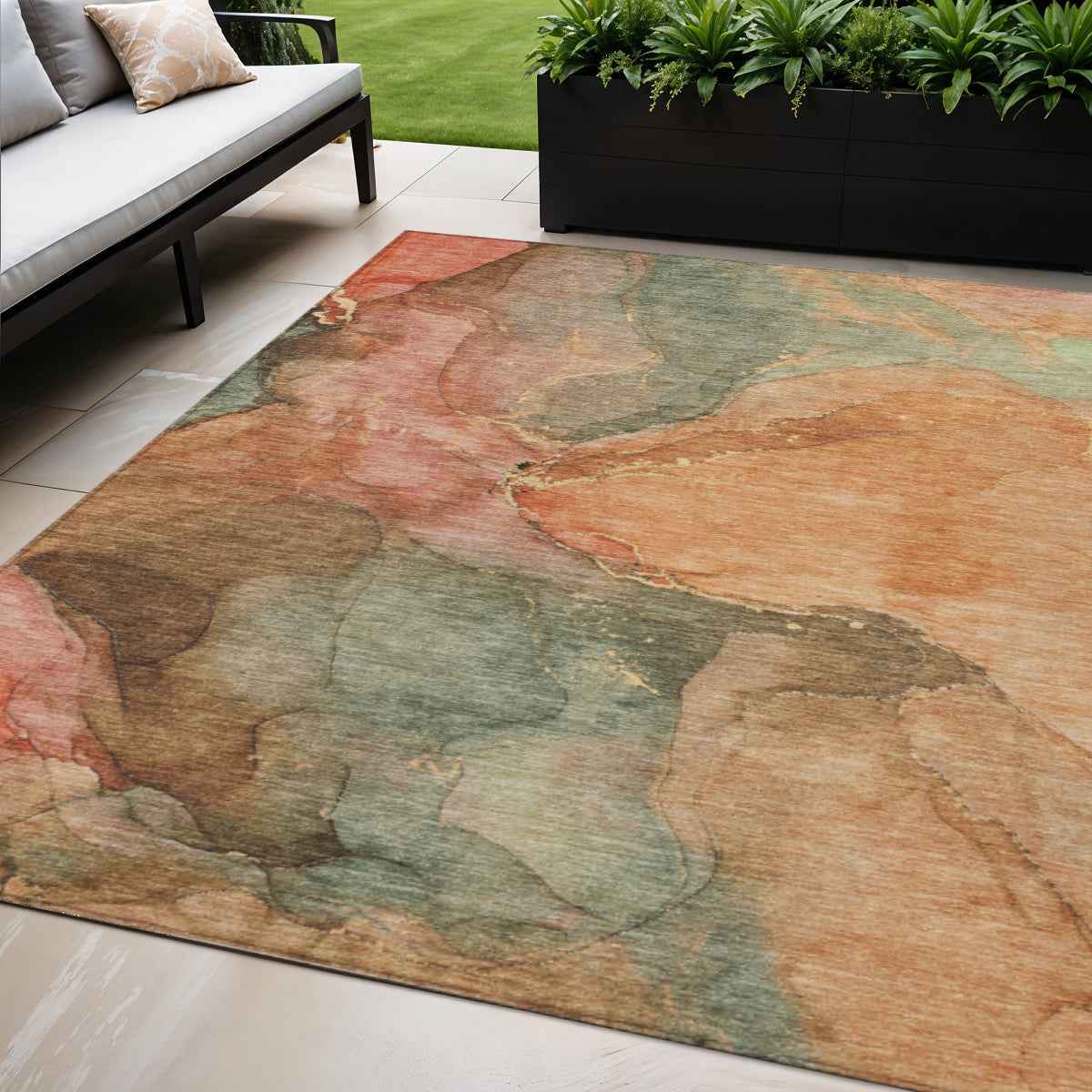 5' X 8' Coral Brown And Mint Green Abstract Washable Indoor Outdoor Area Rug