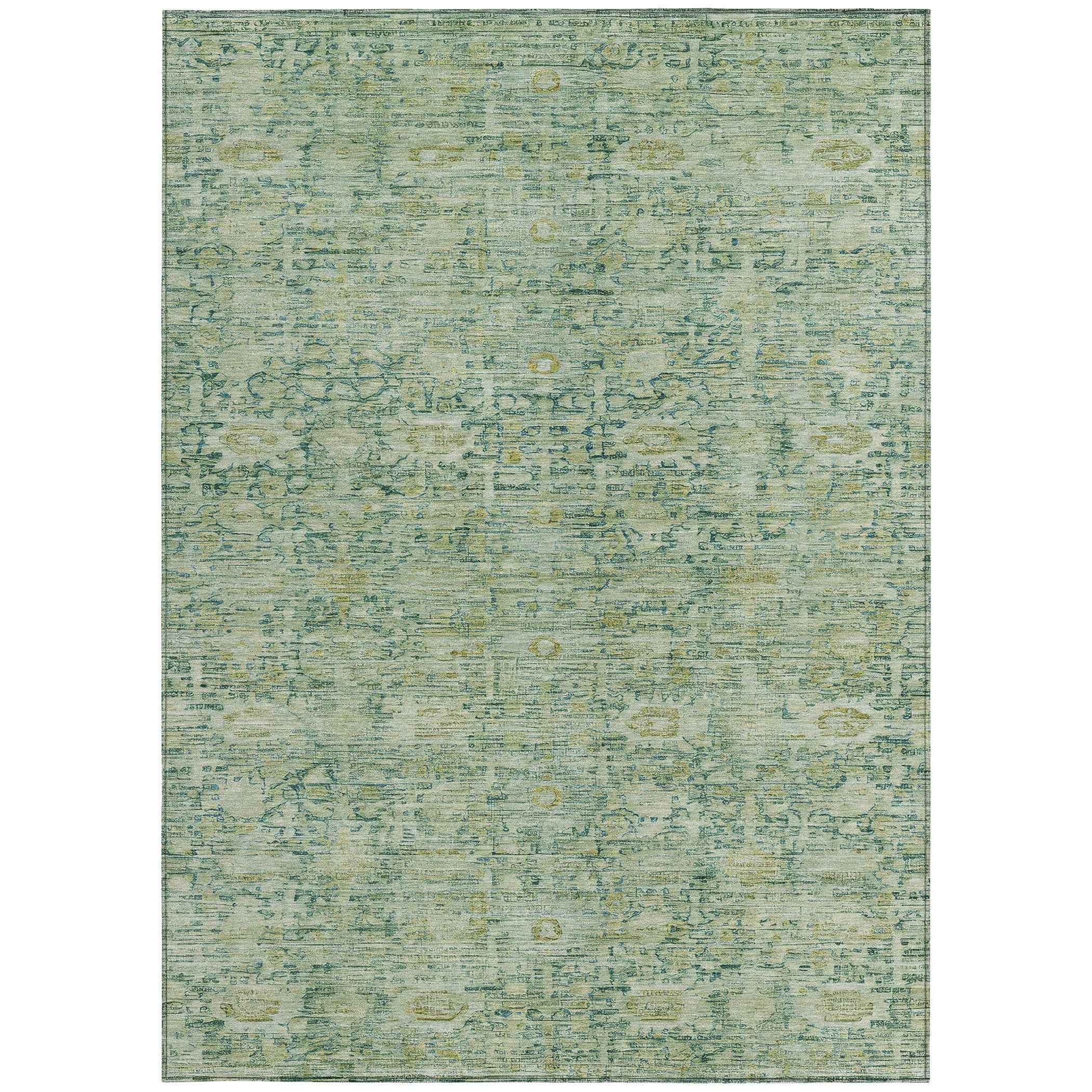 10' X 14' Artichoke Green And Teal Blue Oriental Washable Indoor Outdoor Area Rug