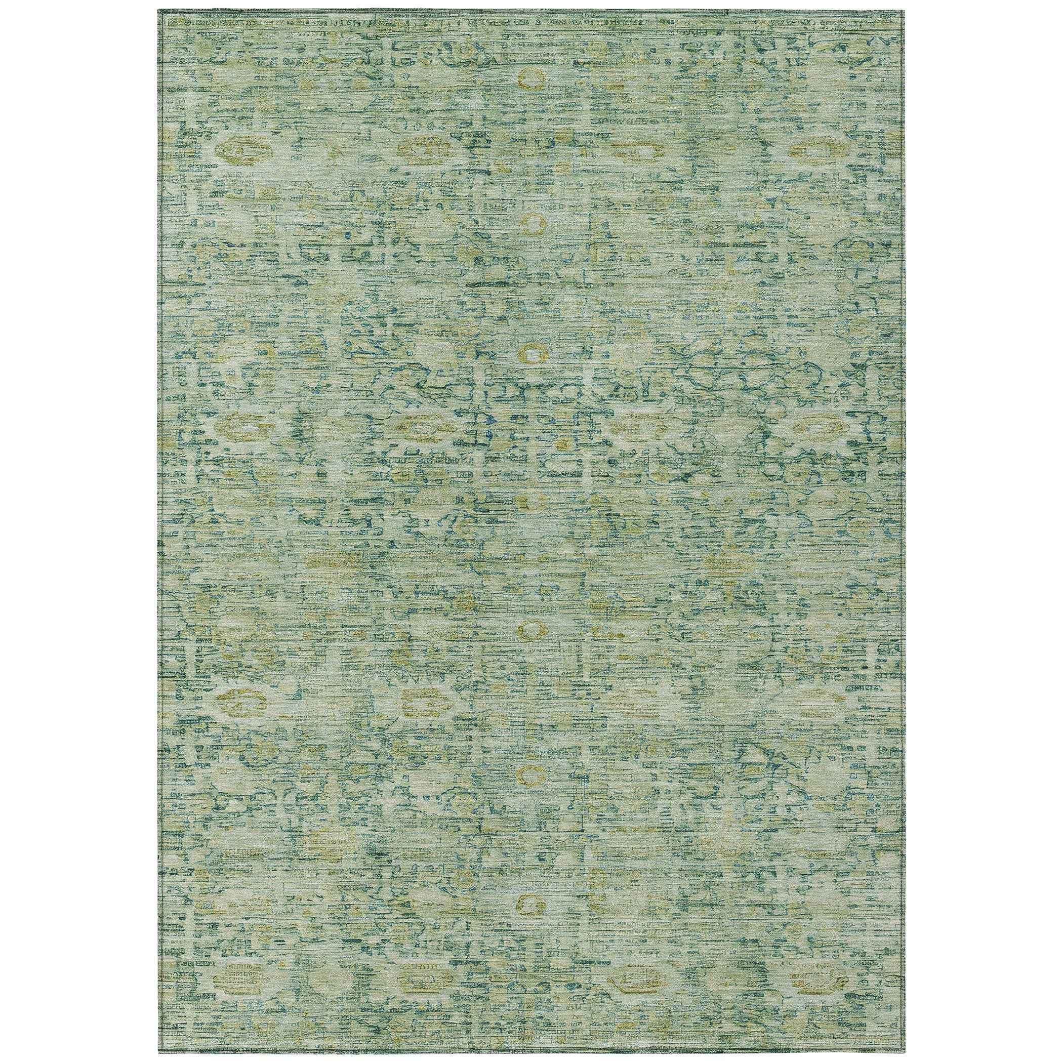 10' X 14' Artichoke Green And Teal Blue Oriental Washable Indoor Outdoor Area Rug