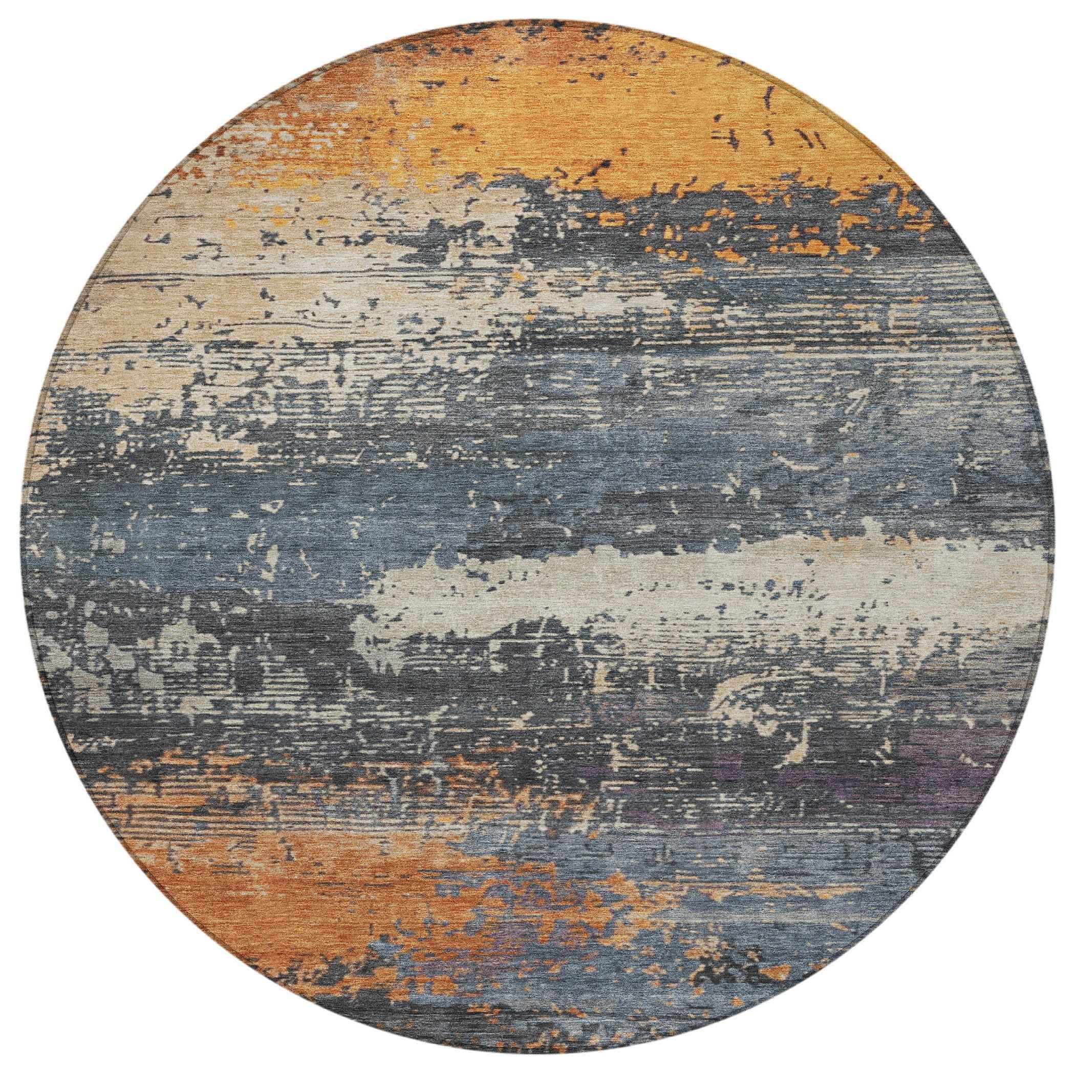8' Blue Gray And Orange Round Abstract Washable Indoor Outdoor Area Rug